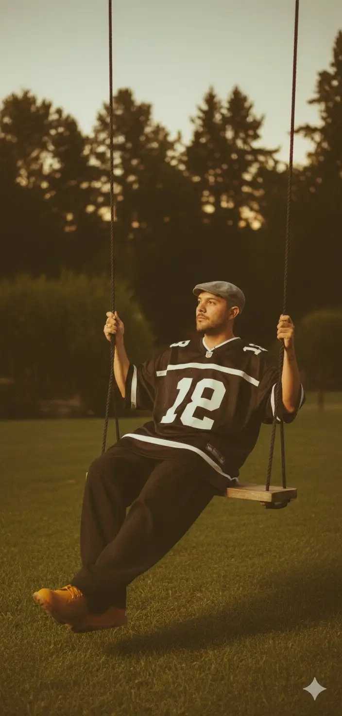 Use the last photo as a setting). a night photo in an outdoor setting, with green grass and tall trees in the background, softly lit with warm and diffused light, creating a magical and intimate atmosphere. In the center of the scene there is a person in the image sitting on a wooden swing suspended by black ropes. The person is with his body slightly tilted back, holding each rope of the swing with one hand, one leg bent and the other stretched forward, creating a natural and relaxed pose. Wears a black short-sleeved T-shirt with white stripes and the numbers

'18' and '32' in front; the modeling is very wide, in the style of an American football or basketball shirt. The pants are black, smooth, extremely loose, with a wide and straight fit until they almost cover the shoes. On the feet, wears caramel Timberland boots. The face should be mine, realistic, turned to the side showing the profile, with a neutral and serene expression, without a smile. The style of the image should be smooth, with analog photography texture, light grain and warm colors that convey nostalgia and tranquility.