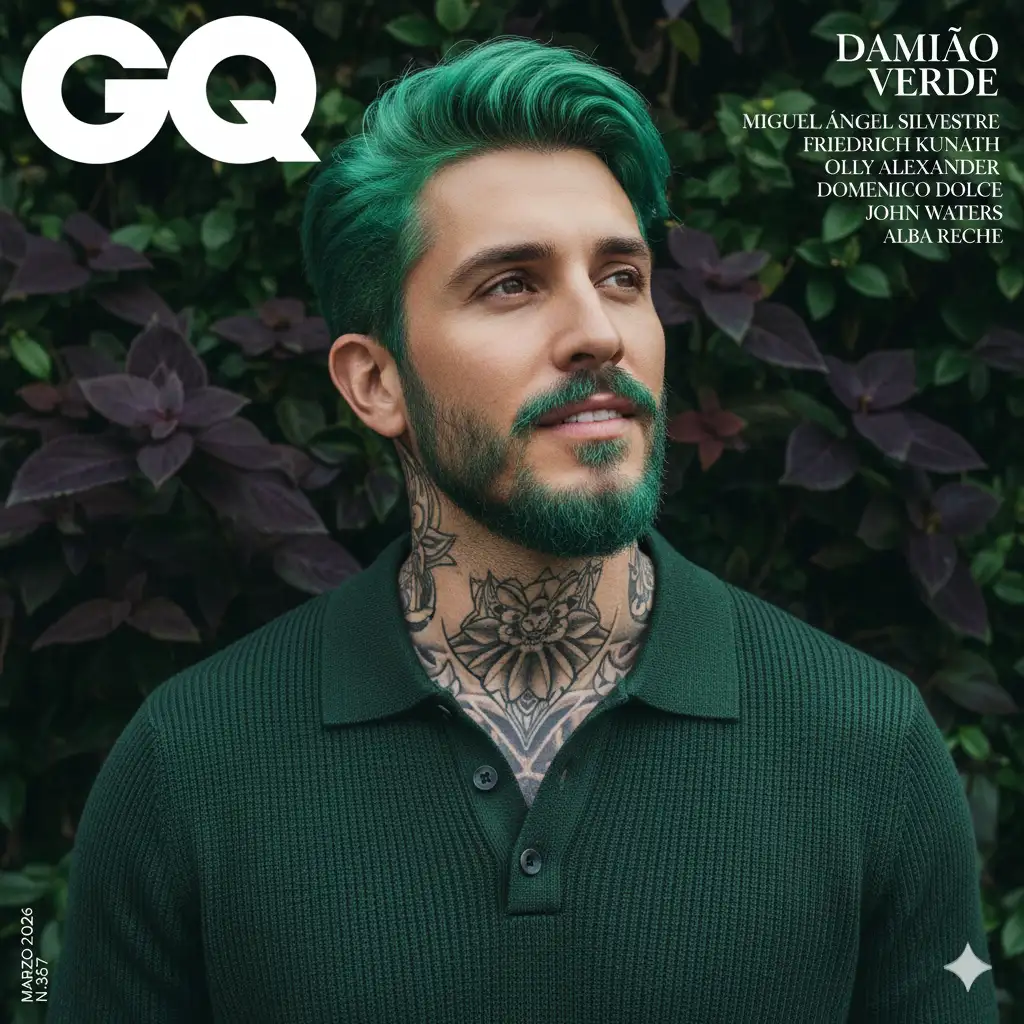 A high-fashion magazine cover, GQ style. The main subject is a male model with the face of the man in the photo provided, striking a thoughtful pose looking upwards and slightly to the right, close up to whole face. He has vibrant teal-green hair and a short beard. He is wearing a dark green knitted polo shirt, with a few buttons undone. His neck and chest are adorned with intricate black and white tattoos. The background is lush and verdant, filled with dark green foliage and hints of purple plants, creating a natural and somewhat mysterious atmosphere. The lighting is soft and artistic, highlighting his features.
The GQ logo is prominently displayed in the upper left corner in white, with a subtle cutout in the 'Q' allowing the background to show through. In the upper right corner, the text 'DAMIÃO VERDE' is featured in a modern, fashion bold font. Below 'DAMIÃO VERDE' there is a list of names in a smaller, elegant font, vertically aligned:
MIGUEL ÁNGEL SILVESTRE
FRIEDRICH KUNATH
OLLY ALEXANDER
DOMENICO DOLCE
STEFANO GABBANA
JOHN WATERS
ALBA RECHE
On the left side of the cover, vertically oriented, it reads 'MARZO 2026' and 'N.357'. The overall aesthetic is sophisticated, artistic, and slightly edgy, maintaining the exact style and composition of the original GQ cover.
Aspect ratio: 4:5 vertical.