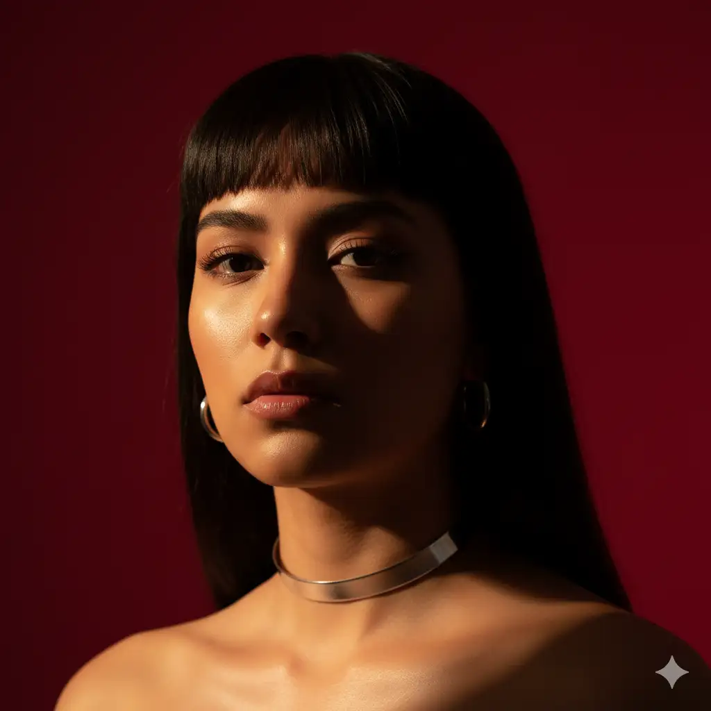 La foto es un primer plano de un rostro femenino joven con una mirada intensa y dirigida a la cámara. Su rostro y cuello están iluminados con una luz cálida y fuerte proveniente del lado izquierdo, creando un marcado contraste con las sombras profundas que acentúan su mandíbula y cuello. Su piel, que parece muy luminosa, resalta contra el fondo de color rojo intenso y saturado.

Lleva un collar de gargantilla plateado y pendientes de aro. Su cabello oscuro y liso, con un flequillo recto, enmarca su rostro y acentúa su mirada. El peinado y la composición simple de la imagen dirigen la atención directamente a los rasgos de la modelo.