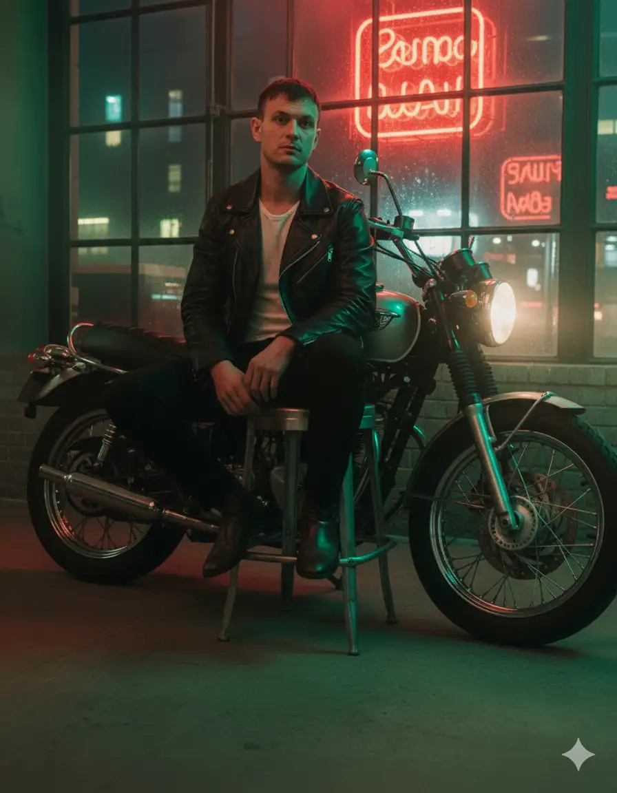 La mandíbula y el cuello están sutilmente enfatizados para crear una silueta cinematográfica y escultural.
​Las luces de neón rojas y verdes de la ciudad pasan, refractándose a través del cristal mojado y proyectando colores cambiantes sobre el rostro del sujeto. Viste una camisa negra abotonada. La iluminación es suave pero dramática, con sombras profundas y reflejos brillantes que esculpen el rostro y evocan una sensación de soledad urbana.
​El tono de la imagen es rico en contraste rojo-verde, con grano de película grueso, desenfoque de movimiento pronunciado por las luces que pasan y un resplandor brumoso alrededor de los faros del vehículo. La composición es vertical (relación de aspecto 3:4), un primer plano o plano de tres cuartos, con el sujeto centrado o ligeramente descentrado. El ambiente debe evocar soledad, introspección y el dolor silencioso de la vida urbana, como un fotograma cinematográfico de una película de Wong Kar-wai.
​Ajustes de cámara:
​Lente: 50\text{mm } f/1.4 (para intimidad emocional y compresión cinematográfica)
​ISO: 800
​Apertura: f/1.4
​Velocidad de obturación: 1/60\text{s}
​Formato: vertical (3:4 aspect ratio)
​Iluminación: luz de neón ambiental (\sim3200\text{K} rojo + \sim5200\text{K} verde), refractada a través del cristal mojado
​Gradación de color: contraste rojo-verde, brillo suave, grano abundante
​Ambiente: melancólico, cinematográfico, emocionalmente suspendido
​Atmósfera: noche urbana, soledad poética, realismo editorial
​--v 5 --ar 3:4 --style raw --quality 2 --ref_photo