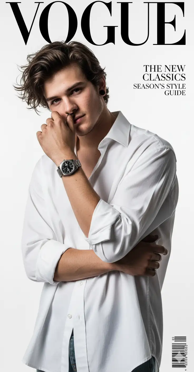 A white background Vogue fashion editorial cover of the portrait of the person (use the uploaded picture as reference for the face). He wears a loose white shirt with rolled sleeves, arm partly covering his face, metallic wristwatch visible. Aspect ratio: 4:5 vertical.