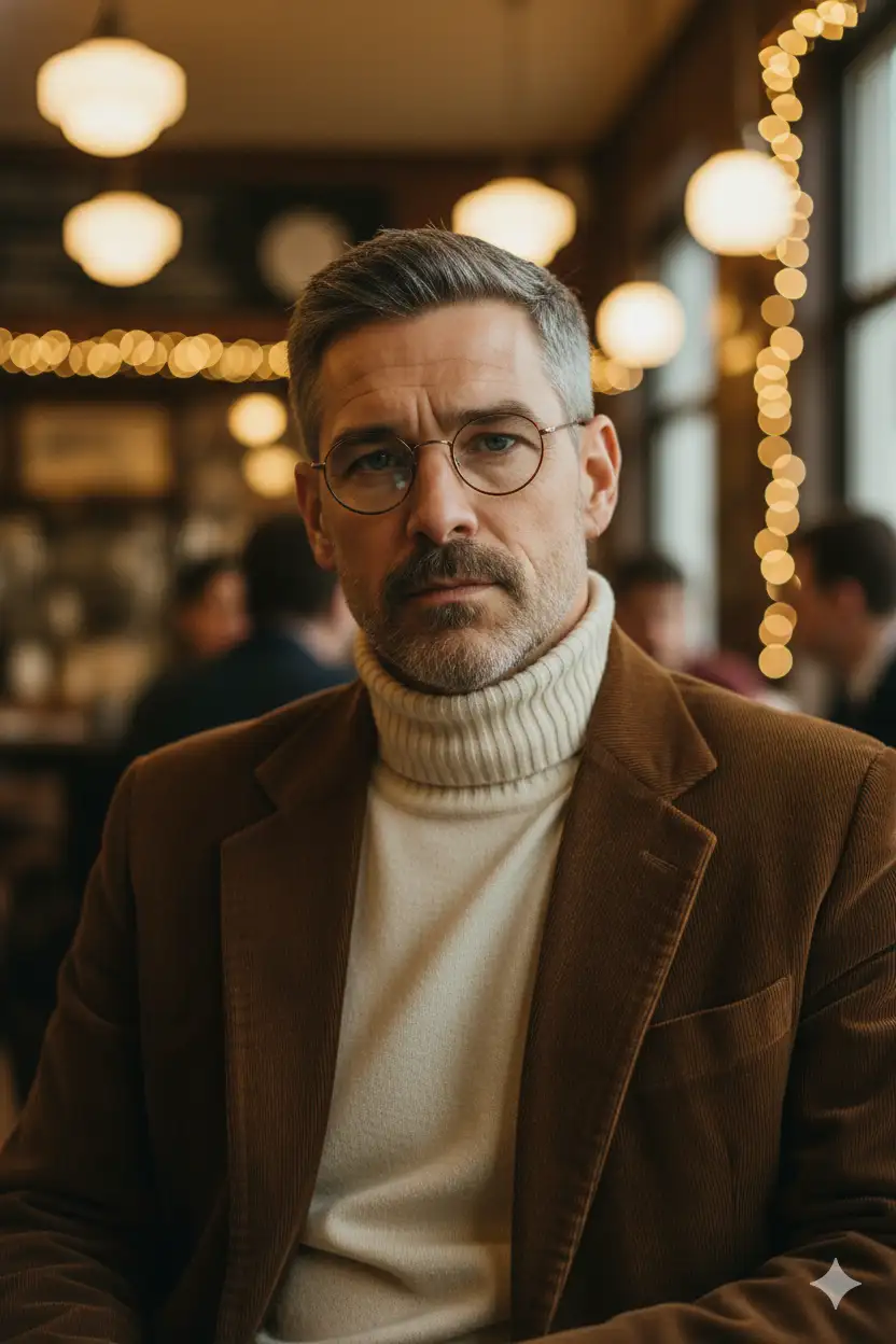 Convert this into a portrait of a man wearing vintage clothing – brown corduroy jacket, turtleneck sweater, round glasses – sitting in a cozy coffee shop with soft warm lighting and blurred bokeh lights in the background.