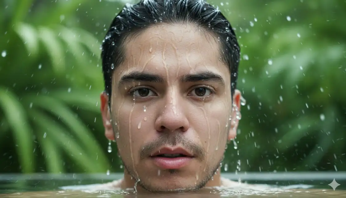 Retrato hiperrealista en primer plano de un joven con cabellos molhados y gotas de agua escorrendo pelo rosto, com parte del rosto sumergido en agua. Olhos castanhos nítidos e intensos, textura natural da pele com sardas e brilho. Expressão: suave, sensual, lábios ligeiramente entreabertos. Fondo: hojas verdes desfocadas para una atmósfera natural y fresca. Iluminación: luz natural, destacando gotas de agua y detalles de la piel. (No altere minhas características faciais originais nem a cor natural dos meus olhos)