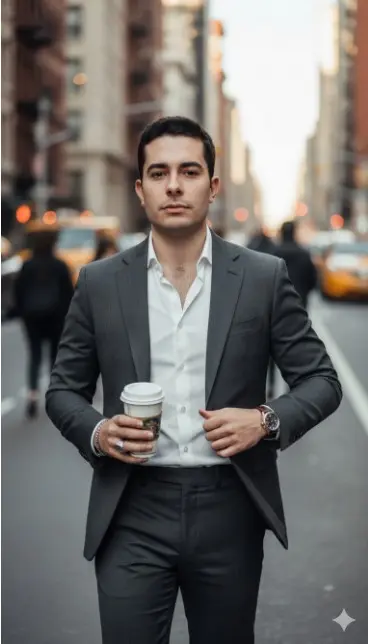 Crea una imagen que captura a un hombre moderno y elegante (foto cargada como referencia facial al 100,999 %) caminando por una calle de la ciudad, irradiando una estética "profesional urbana" pulida pero sin esfuerzo.
El tema y el estilo
El look: Lleva un traje sastre entallado color carbón o negro, combinado con una impecable camisa blanca. Cabe destacar que ha optado por un estilo informal y elegante, dejando los primeros botones de la camisa desabrochados y sin corbata.
Accesorios: El look está altamente complementado con accesorios para añadir personalidad:
Un reloj de pulsera clásico con correa de cuero y un atrevido anillo geométrico.
Una cadena o pulsera de plata visible en su muñeca derecha.
Acción y composición
La pose: El hombre que subió la foto está capturada en movimiento. Sostiene una taza de café con leche (similar a una de Starbucks) en la mano izquierda, mientras que la derecha está metida dentro de su blazer, como si busca una billetera o un teléfono en el bolsillo interior.
Ambiente: La gradación de color de alto contraste y ligeramente desaturada le da a la foto un aire cinematográfico y editorial. El fondo está suavemente difuminado (efecto bokeh), lo que centra la atención en su elegante atuendo y su actitud segura.