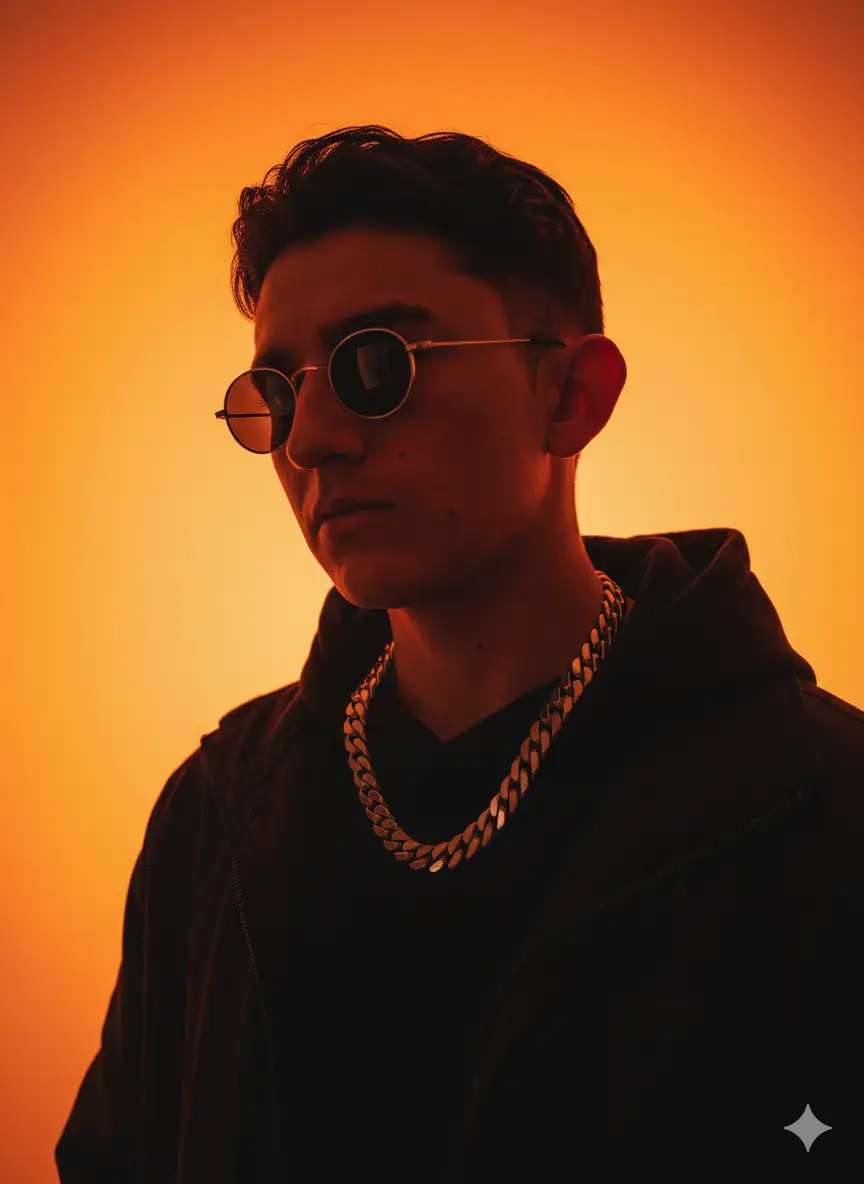 Transform my photo into a cinematic, stylized portrait with bold lighting. Place me against a glowing orange gradient background that creates a radiant halo effect behind my head. Capture me in profile or ¾ view, wearing dark modern streetwear and a thick silver Cuban-link chain necklace. Add small round sunglasses for a cool, futuristic aesthetic.

Lighting: dramatic high-contrast lighting, with warm orange backlight illuminating the silhouette and subtle shadows across the face.

Camera angle: mid-shot portrait, straight-on or slightly low angle for a powerful look.

Lens style: 85mm portrait lens with shallow depth of field, sharp subject focus against soft glowing background.

Color grading: rich, cinematic orange and black palette with deep shadows and glowing highlights.

Mood: modern, moody, stylish, artistic, capturing a confident and mysterious aura.

Texture: clean, polished finish with slight filmic tones, no grain unless a vintage touch is desired.

Enhancements: emphasize metallic shine on the necklace, reflections on the sunglasses, and the glowing gradient light behind the subject for maximum drama.