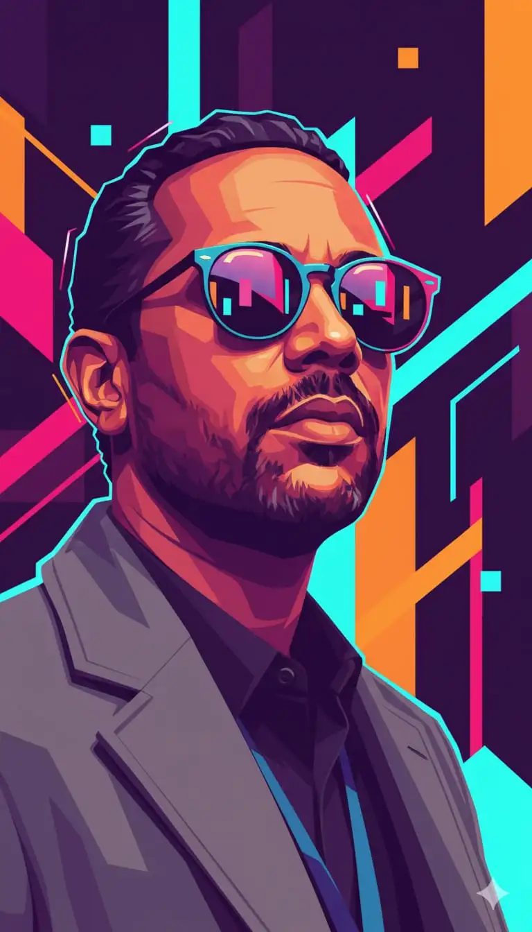 Ilustración digital ultraestilizada y muy detallada de UN HOMBRE seguro de sí mismo (foto adjunta) con gafas de sol redondas reflectantes, que mira ligeramente hacia arriba con una expresión audaz y segura de sí mismo. La obra presenta una estética pop-art moderna y vectorial, con formas geométricas definidas, líneas vectoriales limpias y efectos de iluminación dinámicos.

La paleta de colores rebosa de vibrantes tonos neón —naranja eléctrico, rosa intenso, morado oscuro y azul cian— combinados con suaves degradados y fluidos.