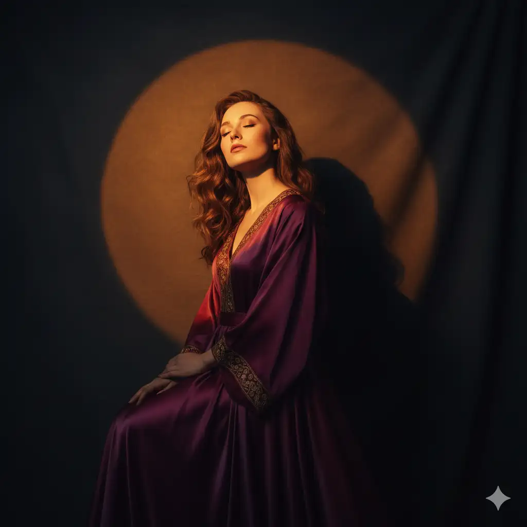 craft a moody studio portrait of the uploaded photo, bathed in golden- orange spotlight, that creates a glowing circular halo behind them in the wall. The warm light should sculpt the face and the upper body with soft, sunset-like tones, while casting a strong shadow to the right. Style the person. Her eyes are closed and chin tilted slightly up.”