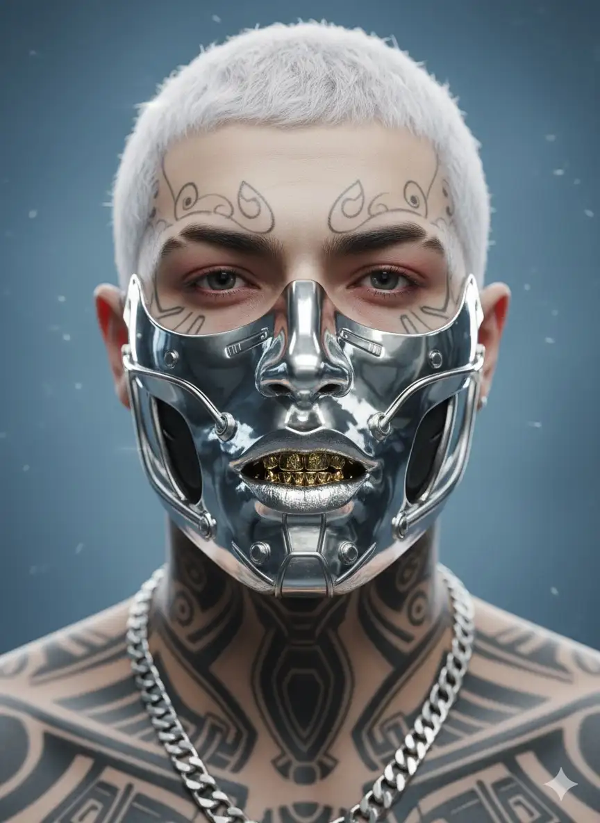 Ultra-realistic close-up portrait of a person with very short, silver-white hair, pale skin with faint tattoo-like patterns across forehead and temples, no visible eyebrows, and slightly reddish eyelids. The subject wears a brutalist, bio mechanical metallic facial mask made of polished silver with a glossy, reflective, high-luxury finish.
The mask has irregular dents, bolts, and tubes, but the surface shines with metallic luster, like high-end jewelry.
The mask covers the nose and lower face, but has an opening at the mouth, revealing gold grillz teeth. The industrial-cybernetic structure looks expensive and elegant, with jewel-like reflections. Neck and chest tattoos visible, complemented by a heavy metallic chain necklace. Background: muted blue. Lighting: soft diffused with bright highlights emphasizing glossy metallic reflections. Photographed 85mm f/2.8, cinematic editorial style, hyper-detailed. Don’t change facial features