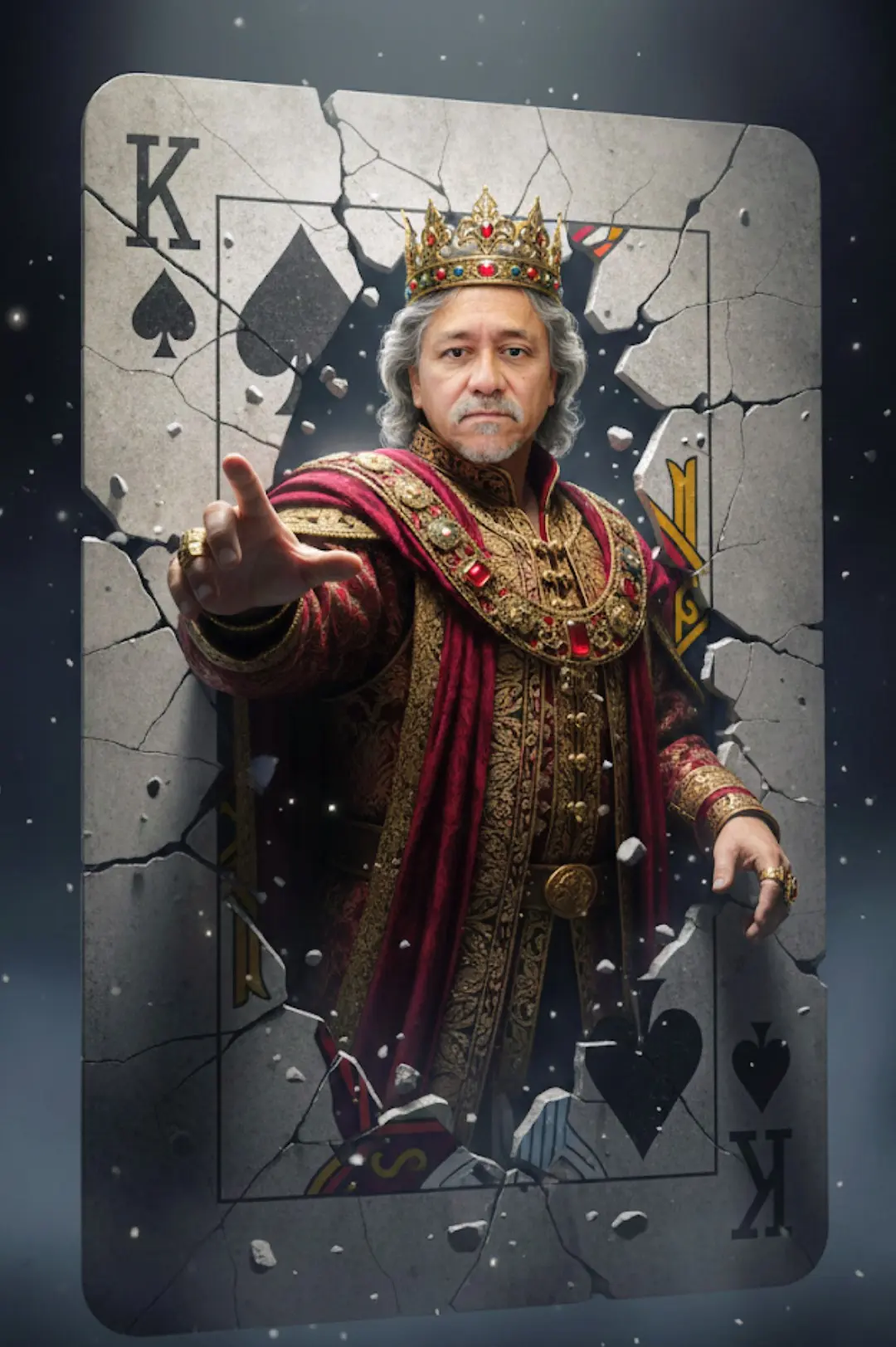 Retrato ultrarrealista de 64K con cámara DSLR de un hombre rey con el mismo rostro y peinado que la imagen de referencia, emergiendo dramáticamente de una enorme carta del Rey de Picas agrietada.
La expresión del rey es majestuosa, sabia y poderosa, con una nítida iluminación cinematográfica que resalta sus rasgos.
Lleva una corona ornamentada con detalles de oro, piedras preciosas y filigrana. Su túnica es lujosa y real, con bordados en tonos carmesí y dorado intensos, con complejas texturas de brocado y sutiles reflejos.
Su brazo derecho se extiende hacia adelante en un gesto autoritario, mientras que el izquierdo descansa tranquilamente a su lado, revelando telas detalladas, joyas doradas y anillos. No presenta tatuajes.
La carta tiene una textura erosionada, similar a la de la piedra, agrietada y fragmentada, con restos y partículas de polvo cayendo a través de ella.
El fondo es un degradado oscuro y melancólico que se desvanece del negro al azul grisáceo intenso, con una iluminación volumétrica dramática y sutiles partículas atmosféricas que aportan profundidad y realismo.
Renderizado en Octane y Unreal Engine 5, con iluminación global, iluminación de alto rango dinámico, profundidad de campo cinematográfica y materiales fotorrealistas. La composición debe evocar grandeza, fantasía y autoridad divina, combinando elementos de realeza, mito y realismo en un estilo cinematográfico heroico y pictórico.
Relación de aspecto 9:16