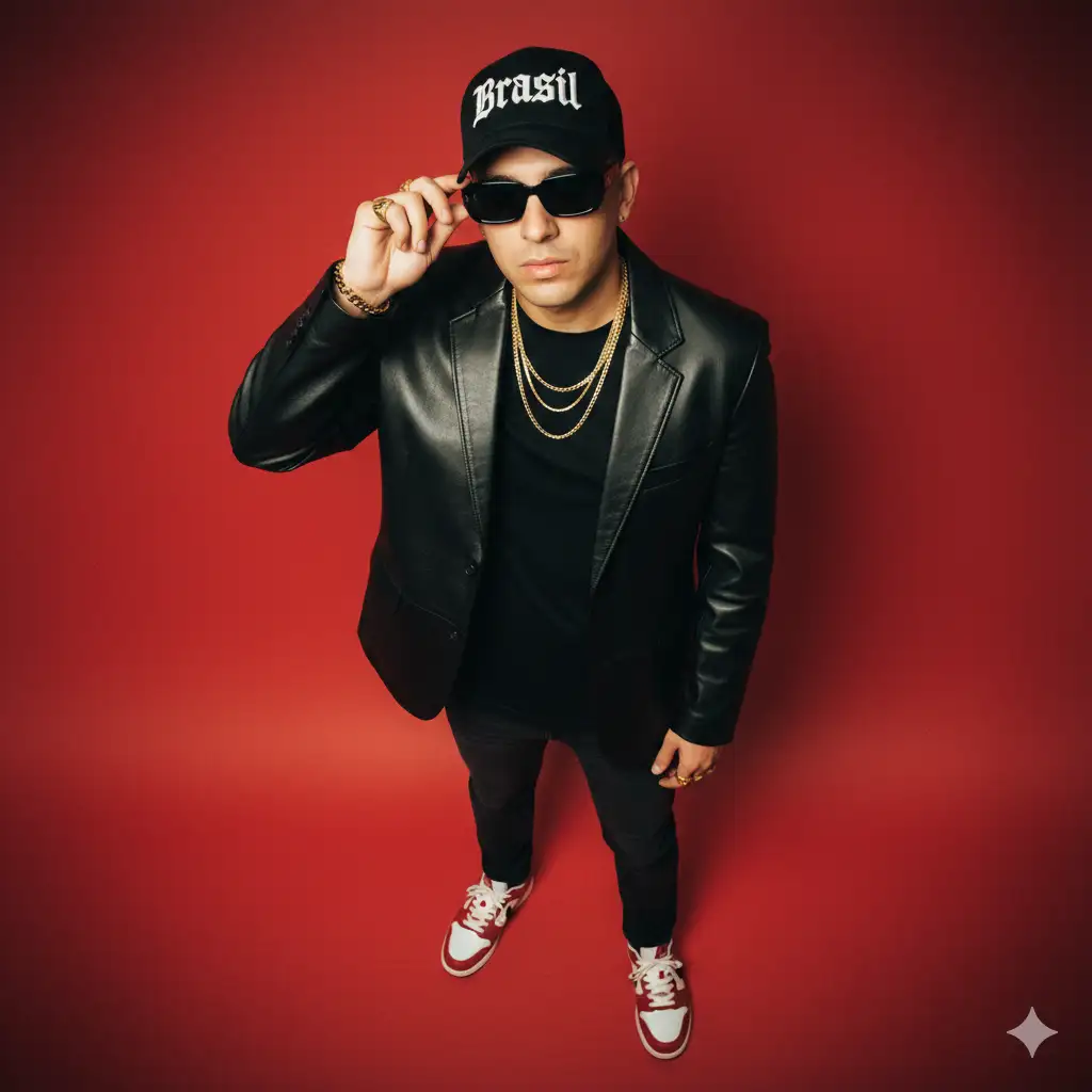 Generate a high-angle fashion portrait of a male model standing on a bold red seamless backdrop. The model wears a black leather blazer over a black t-shirt, paired with dark pants and red-and-white sneakers. He accessorizes with layered gold necklaces, rings, and black rectangular sunglasses, which he adjusts with one hand. He also wears a black cap with the text "Brazil" in a stylized font. The lighting is soft and even, with no harsh shadows, emphasizing a warm and confident mood. Style the image with a realistic 35mm film grain to evoke a vintage, analog aesthetic. Maintain a sharp focus on the model's face and upper body while allowing a slight vignette effect to enhance depth. Don’t change facial features