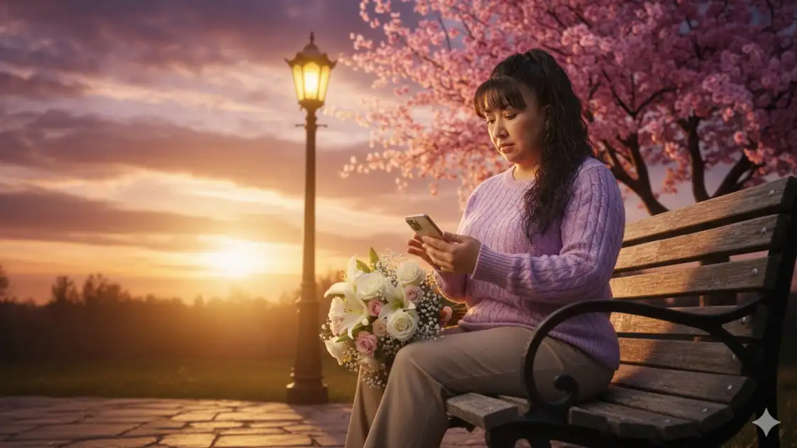 Chica sentada en un banco del parque (misma imagen subida):
Una chica elegante con un suéter lavanda y pantalones caqui está sentada en un banco del parque, mirando su teléfono. A su lado, en el banco, hay un gran ramo de flores. Detrás de él, una farola de gas alta con una luz brillante. Al fondo, un gran cerezo con flores rosas. El cielo es un dramático atardecer con nubes anaranjadas y moradas. **Iluminación de hora dorada, fotorrealista, cinematográfica, 8k, sin modificar los detalles faciales.
