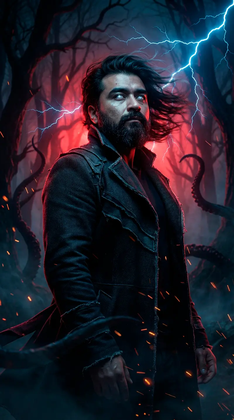 Ultra-realistic dark fantasy cinematic portrait using the exact same facial features from the reference image, preserving bone structure, gaze, facial proportions and identity precisely.

Subject positioned centered, head slightly tilted upward, eyes glowing subtly with supernatural white energy (without deforming natural eye shape), expression intense and trance-like. Wind moving hair naturally with dynamic motion blur strands.

New wardrobe: long dark textured coat made of matte technical fabric with subtle layered details, slightly worn edges, no logos, premium cinematic styling. Fabric reacting to wind and storm energy.

Environment: dark haunted forest at night, twisted trees in background slightly blurred with depth of field. Powerful red backlight glowing behind the subject creating dramatic rim light. Blue lightning bolts branching across the sky, illuminating the scene with high-contrast flashes. Subtle fog layers near the ground. Shadowy tentacle-like organic shapes emerging softly from darkness, integrated naturally into environment.

Cinematic lighting setup: strong red backlight for silhouette separation, cool blue lightning as secondary light source, soft frontal fill light for facial definition. Sparks and embers floating mid-air frozen in motion.

Shot on 50mm lens, f/2.2, shallow depth of field, razor-sharp focus on face, hyper-detailed skin texture, natural pores, subtle moisture on skin, high dynamic range, dramatic contrast but clean highlights, unified cinematic color grading blending electric blue and deep crimson tones. Ultra-detailed, 8K clarity, professional Photoshop-level compositing, realistic VFX integration, epic dark supernatural atmosphere.