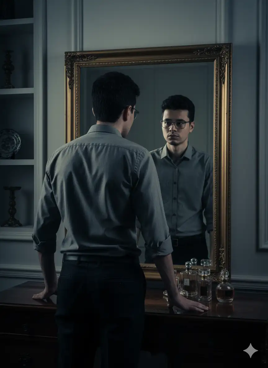 Crea una dramática fotografía de un joven delgado. El hombre estaba de pie frente al espejo, vestido con pantalón de vestir y camisa gris doblada las mangas.

El hombre estaba de frente al espejo, mientras la cámara lo captaba desde atrás, resaltando su espalda y el reflejo de su rostro en el espejo. La pose del tubu está ligeramente encorvada y las manos del hombre tocan la mesa, lo que da una impresión de elegancia y seguridad.

La iluminación se centra en el rostro y la parte frontal del cuerpo a través de los reflejos del espejo, con sombras intensas que rodean los lados derecho e izquierdo, creando una atmósfera misteriosa y artística.

El fondo de la habitación parece una habitación lujosa, con una pequeña mesa al fondo de la imagen y una selección de perfumes. Estilo visual clásico, alto contraste, lleno de matices dramáticos y estética cinematográfica.

Relación de aspecto 9:16
Usa el mismo rostro de la imagen que te doy y recuerda que es de contextura delgada el hombre.