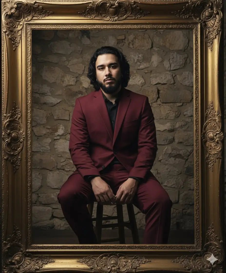 Insert the photo I uploaded into the prompt below
a young man with wavy black hair sitting elegantly inside a large ornate golden vintage frame, wearing a stylish deep red tailored suit, relaxed yet confident pose, rustic textured wall background, fine art editorial photography style, cinematic soft dramatic lighting, professional DSLR wide shot, sharp focus, realistic fashion photography, high resolution --ar 9:16 --v 6 --style raw --q 2 --s 1000 --hd
figure 2 : insert the photo I uploaded into the prompt below
a young man with wavy black hair standing elegantly inside a large ornate golden vintage frame, wearing a stylish deep red tailored suit, confident posture with hands relaxed, rustic textured wall background, fine art editorial photography style, cinematic soft dramatic lighting, professional DSLR wide shot, sharp focus, realistic fashion photography, high resolution --ar 9:16 --v 6 --style raw --q 2 --s 1000 --hd. Don't change facial features