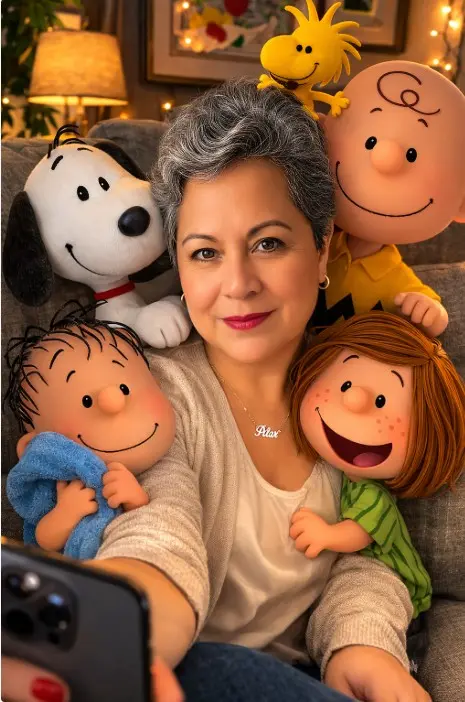 [Yo] En el centro, una persona de cabello como la foto de referencia, no cambiar ningún rasgo facial. mientras se toma una selfi con su celular de última generación. Lleva una ropa casual elegante. Snoopy y Woodstock: Snoopy está felizmente posado en el hombro derecho de la persona, mientras que Woodstock está sentado alegremente sobre la cabeza de la persona. Charlie Brown: Situado a la derecha de la persona, con su icónica expresión amable y su característica cabeza redonda, sonríe suavemente. Linus van Pelt: Aparece a la izquierda de la mujer, sosteniendo fielmente su inseparable manta azul con una expresión apacible. Peppermint Patty: Vista abajo a la derecha, abrazando cariñosamente el brazo de la persona con una expresión de pura felicidad. Estilo y Composición Estilo Visual: La imagen combina el realismo fotográfico de la persona y su acogedor entorno con un estilo de animación 3D Pixar-Disney premium detallado para los personajes de Peanuts (similar al estilo de Peanuts, la película de 2015). Ambiente: Todos están reunidos en una cálida y acogedora sala de estar, sentados en un sofá de tela gris. La iluminación es suave y cálida, aportando un toque tierno y mágico. El fondo muestra una atmósfera acogedora.  Una pieza que juega con la nostalgia, uniendo el mundo real con el universo de Charles M. Schulz de una manera muy detallada, cálida y alegre, capturando un momento íntimo de amistad. 
Resolución de alta calidad 8K
Formato 9:16 vertical