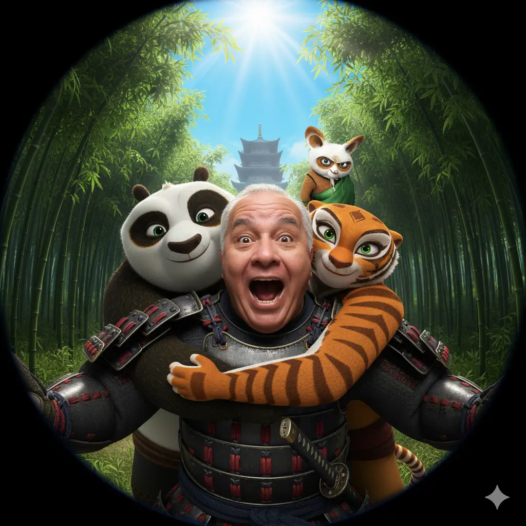 Crea una selfie de lente ojo de pez tomada desde un ángulo bajo en un bosque frondoso. El hombre está vestido como un guerrero samurai pero sin casco, él está en primer plano, con la boca abierta en una expresión de sorpresa o emoción, mirando directamente a la cámara. A su alrededor y abrázalo están Po y Tigresa personajes de Kung fu panda, sentado sobre uno de los hombros de Po se encuentra el maestro Shifu también de la película kung fu panda (te adjunto en la segunda fotografía una imagen del maestro shifu), 
El bosque está muy iluminado y el cielo está despejado, al fondo se alcanza a ver una típica pagoda. Algunos rayos de luz salen desde el bosque. La iluminación es brillante y natural, lo que contribuye a un ambiente alegre, surrealista y lleno de energía. 
Crea la imagen manteniendo completamente íntegros todos los rasgos físicos y corporales del rostro de la foto adjunta