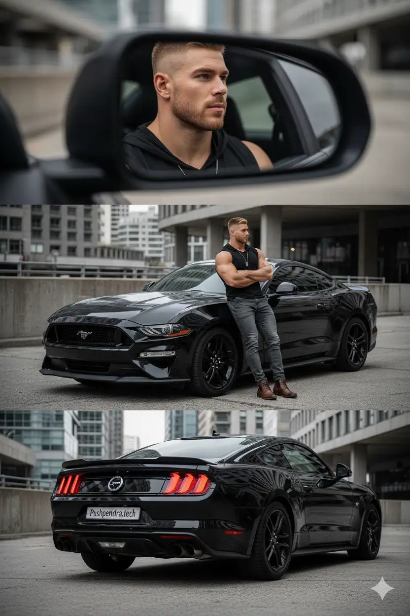 A cinematic automotive photoshoot of me, keeping my real face unchanged. The scene is composed of three perspectives:
- Interior close-up (mirror reflection): Tight portrait of my face reflected in the driver-side mirror. My gaze is serious and focused, looking forward with determination. Only part of my profile is visible, framed cleanly in the mirror, background softly blurred, cinematic intensity.
- Exterior full-body (correct placement): I am standing confidently to the side of a sleek black Ford Mustang, not in the center. My arms are crossed, posture relaxed but strong. My left leg is straight, right leg bent slightly at the knee with foot casually resting against the car. My gaze is directed slightly off-camera with a calm, assertive expression. The car remains dominant in the frame, shot at eye-level with a slightly wide lens, showing its front and side clearly. Outfit: fitted black polo shirt, slim grey jeans, brown leather boots. The look is minimal yet stylish, emphasizing a modern masculine vibe. Pose exactly like a professional automotive editorial shoot.
- Rear car shot: Low perspective rear angle of the Mustang, glossy black surface, taillights glowing, license plate reading Pushpendra.tech. Cinematic urban concrete environment, natural but diffused lighting, emphasizing the car’s muscular presence.
Style: cinematic automotive editorial, moody and stylish, urban modern architecture. Professional fashion-meets-car photography. My face unchanged.