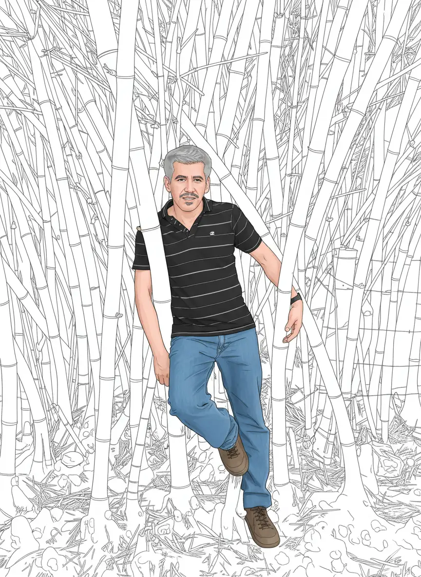 A partir de esta imagen crea: "Una Ilustración de estilo cómic/libro para 
colorear. La composición debe tener a la persona detallada y 
coloreada, pero convertidas a ilustración, mientras que el resto del 
fondo y elementos secundarios, se representan solo con líneas limpias, 
nítidas y en blanco y negro, como un boceto. La iluminación debe ser 
suave y uniforme, resaltando los elementos coloreados. Estilo de dibujo 
que recuerda a los cómics modernos, con un toque de arte lineal de libro 
para colorear."