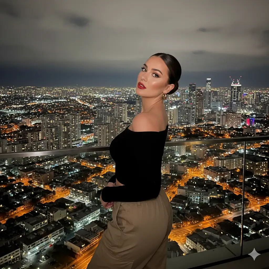 Create an image using the face of the uploaded photo: captures a striking nighttime scene, featuring a woman posing on a high-rise balcony with a bustling city skyline as her dramatic backdrop. The shot is taken at a slightly low to eye-level angle, emphasizing the height and expansive view of the city.
The woman is positioned with her body turned slightly to her right, looking back over her left shoulder directly at the camera. Her head is tilted slightly, and she sports a confident, almost sultry expression with noticeable makeup, including defined brows and bold red lipstick.
This pose, while engaging, suggests a deliberate effort, making the picture less candid and more like a carefully composed portrait.
She is dressed in a black, ott-the-shoulder long-sleeved top that reveals a sliver of her midriff, paired with what appear to be loose-titting, possibly cargo-style, pants in an earthy tone, tucked into the top at the waist. Her hair is pulled back in a sleek bun, highlighting her facial features and simple hoop earrings.
The background is undoubtedly the most breathtaking element. Behind her is a panoramic view of a vibrant cityscape at night, teeming with countless illuminated buildings and streets. The lights of the city stretch far into the distance, creating a dazzling array of orange, yellow, and white points of light against the dark, cloudy sky. Several prominent high-rise buildings, some with cranes suggesting ongoing construction, punctuate the skyline. The glass railing of the balcony is visible in the foreground, providing a clear, unobstructed view of the urban sprawi below. Do not over-edit or enhance the face in any way. Maintain a high degree of facial fidelity to the provided image.