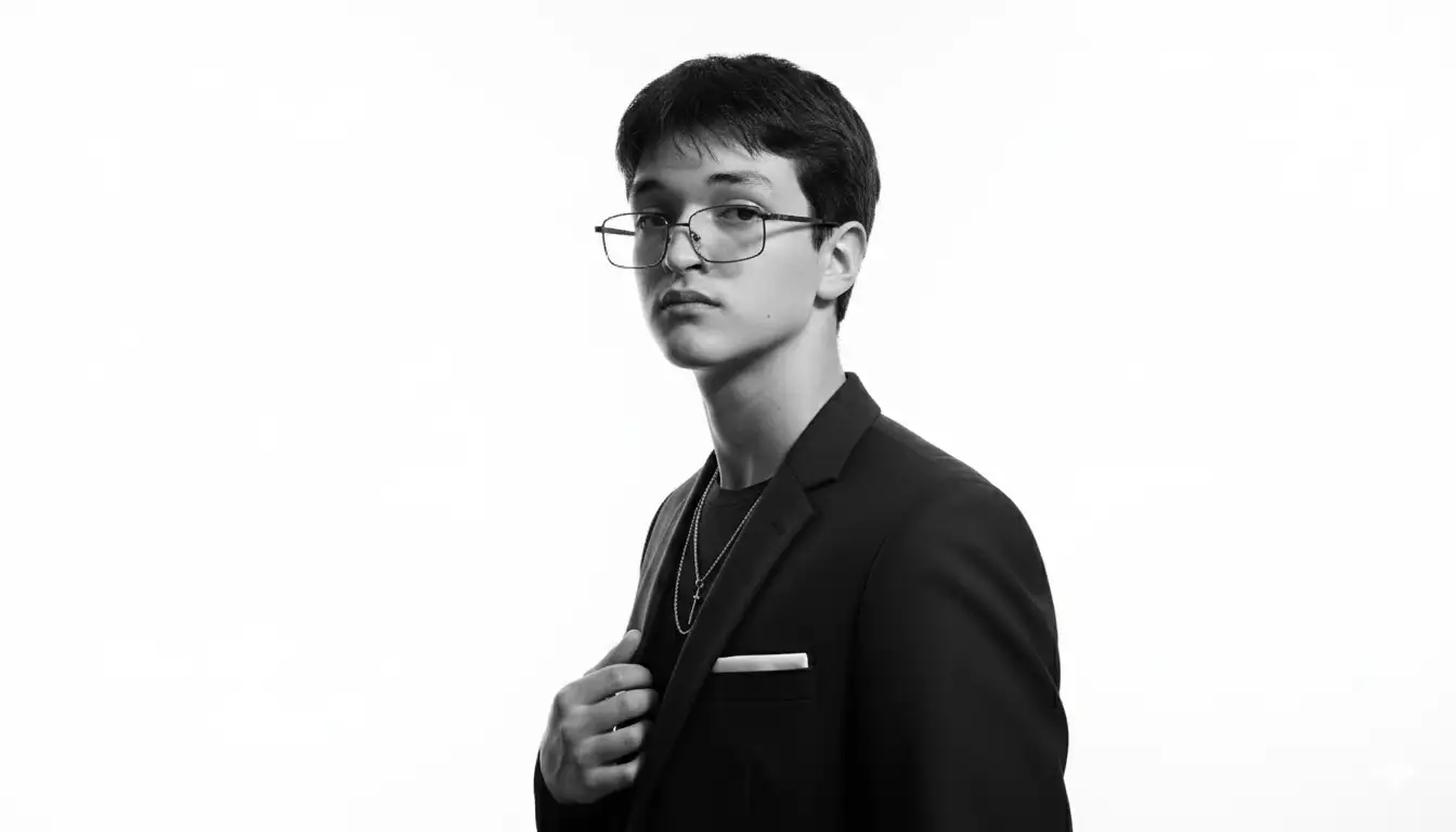 A black-and-white, half-body studio portrait of a man with a pensive and slightly melancholic pose. The man is seated on a stool or chair with his torso turned slightly to the right, but his head is looking directly at the camera. His right hand is raised, with his fingers gently touching his chin, while his elbow rests on his right knee. His left hand hangs loosely at his side.
​He is wearing a formal three-piece suit in a solid, dark color, such as black or navy. Underneath, he has a crisp white dress shirt with the top buttons undone, giving the look a relaxed and sensual feel. A neatly folded white pocket square peeks out from his jacket's chest pocket.
​The lighting is dramatic and high-contrast. A soft light illuminates the right side of his face and torso, creating deep shadows on the left side and in the background. The background is a solid black, which makes the subject and his clothing stand out.
​His accessories are subtle but noticeable. A large, elegant watch is visible on his left wrist, and a silver or platinum ring with a black stone adorns the index finger of his right hand.
​The expression on his face is introspective and thoughtful. His eyes are full of depth, almost as if he is looking into the distance or lost in a memory. The pose with his hand on his chin emphasizes this feeling of deep reflection.