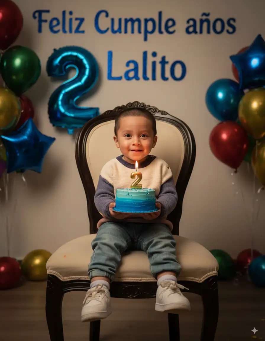 PARA NIÑO O HOMBRE
Crea un retrato de cumpleaños ultra realista de la persona que subiste, sentada en un interior sobre un fondo decorado para fiesta de niños. Detrás de el, flotan grandes globos de colores metálicos con el número "2", con la palabra "Feliz Cumpleaños Lalito" y está sentado con elegancia en una silla moderna. Sonríe cálidamente mientras sostiene un pequeño pastel de cumpleaños Azul de varias capas con velas doradas con el número "2" encendidas encima. La iluminación es cálida y cinematográfica, creando un ambiente festivo acogedor con suaves reflejos en el rostro y sombras sutiles. Alta definición, calidad de estudio profesional, resolución 4K.
PARA MUJER:
Crea un retrato de cumpleaños ultra realista sin cambiar su rostro original de la persona que subiste, sentada en un interior sobre un fondo decorado con sencillez. Detrás de ella, flotan grandes globos dorados metálicos con el número "60", con la palabra "Feliz Cumpleaños Paty" y está sentada con elegancia en una silla moderna. Sonríe cálidamente mientras sostiene un pequeño pastel de cumpleaños Rosa de varias capas con velas doradas con el número "60" encendidas encima. La iluminación es cálida y cinematográfica, creando un ambiente festivo acogedor con suaves reflejos en el rostro y sombras sutiles. Alta definición, calidad de estudio profesional, resolución 4K
