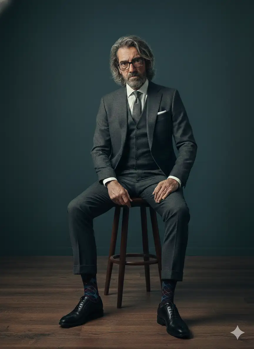 Un retrato de estudio de cuerpo completo de un hombre maduro con cabello canoso de longitud media y gafas, sentado en un taburete de madera. Viste un traje sofisticado de tres piezas en color gris, camisa blanca y corbata clara. Sus calcetines tienen un patrón discreto en tonos oscuros y lleva zapatos de vestir negros. El sujeto mira directamente a la cámara con una expresión seria e intrigante. El fondo es un color sólido y profundo en tonos azul verdoso. La iluminación es limpia y de estudio, acentuando las texturas del traje y la profundidad de la escena. La atmósfera general es elegante y de alta costura, con un estilo editorial. Relación de aspecto vertical 4:5."