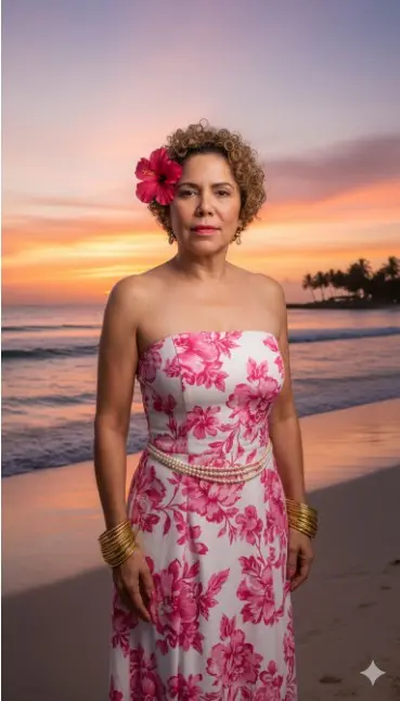 con mi foto crea un Retrato ultrarrealista de una mujer esbelta en la playa al atardecer. Su rostro coincide con la imagen de referencia: lleva un vestido blanco sin tirantes con un gran estampado floral rosa. Su cintura está adornada con una cadena de perlas y brazaletes dorados en las muñecas. en Su cabello luce una flor tras la oreja. Maquillaje natural y brillante con rubor y labios rosados. Fondo: olas del mar y un cielo anaranjado-morado al atardecer. Atmósfera elegante, tropical y femenina. formato 9:16