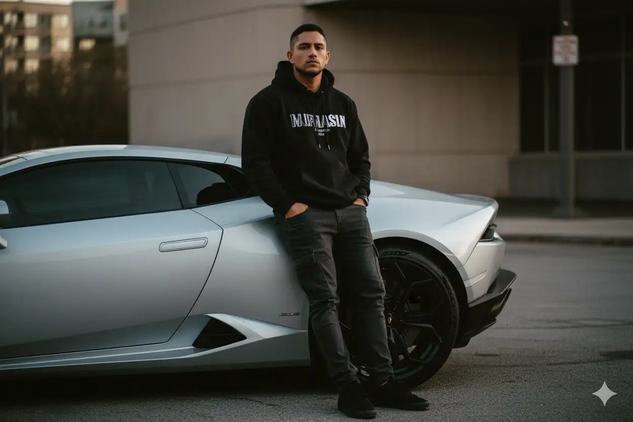 "A full-body film photo of a young man (using the reference face), standing upright and casually leaning against the rear fender and driver's side wheel of a sleek silver Lamborghini. His left arm is bent, resting on the car's bonnet, while his right arm hangs relaxed at his side. He looks directly at the camera with a confident mafia-style expression, exuding a cool, composed vibe. His hair remains the same as in the reference photo. He is wearing a stylish black hoodie with bold text print, paired with dark cargo jeans, and one hand casually in his pocket." 9:16