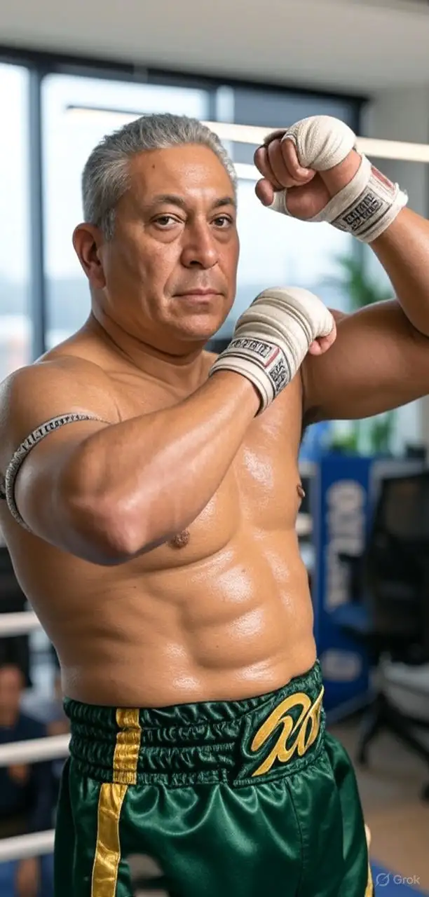 Crie uma imagem profissional, ultrarealista e cinematográfica em 8k de um homem (foto enviada) em posição de luta no muay tay, um golpe de perna. Ele possui bandagens nas mãos e calção verde com faixa lateral amarela. Ele possui abdômen definido sem exagero. Seus rosto está suado. Ele possui expressão de confiança e firmeza. O ambiente é um ringue de luta e a iluminação é baixa trazendo um ar de expectativa. Use a proporção 9:16. A foto é de corpo inteiro, sem corte em partes do corpo. Um close.
