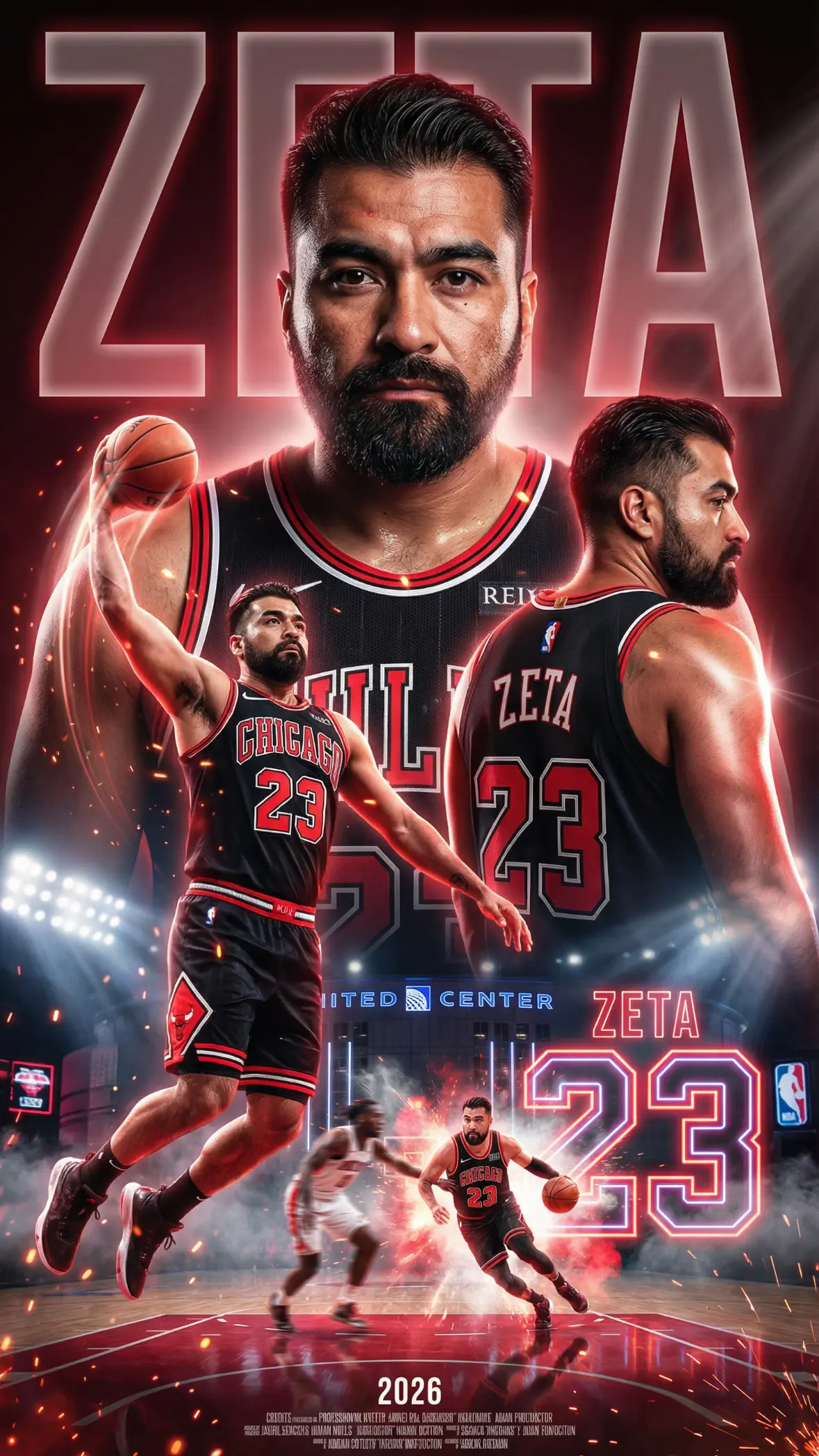 Crea un póster de cine de (deporte) profesional al estilo de las campañas oficiales de la (liga oficial), con acabado de montaje digital tipo Photoshop extremadamente trabajado y muy profesional, presentando a un jugador(foto de referencia) con apariencia de jugador profesional. Mantén todos los rasgos faciales originales, el cabello, la forma y el ángulo exactamente como en las imágenes provistas, integrando su rostro de forma impecable y muy realista.

Diseña una composición tipo collage como póster icónico de superestrella, mostrando al individuo desde tres perspectivas, con fuerte presencia de efectos de luz y glow cinematográfico:

Retrato de primer plano: Un retrato de primer plano mostrando su rostro serio y concentrado, llevando una camiseta de local de (equipo), con retoque digital avanzado al estilo Photoshop realce de rasgos faciales, contraste profundo, microtexturas en la piel y en la tela, brillos especulares controlados y acabado hiperrealista de alta definición. Añade un halo de luz suave alrededor de la silueta, destellos pequeños en los bordes de la camiseta y un ligero glow (color de preferencia) alrededor del contorno del rostro para dar sensación de póster iluminado.

Perfil lateral: Un perfil lateral con la camiseta de local de (equipo), mostrando claramente el nombre 'NOMBRE' y el número '#' en la espalda, con iluminación de estudio dramática tipo key light y rim light, sombras suaves pero definidas, volumen marcado en brazos y hombros, reflejos realistas en la tela, y un acabado pulido como póster oficial de jugador franquicia de la (liga profesional). Rodea el borde del cuerpo con un glow intenso controlado en tonos rojo y blanco (cambiar colores del equipo), con sutiles rayos de luz que salen desde detrás del jugador, simulando flashes de estudio y neones.

Cuerpo entero en acción: Una vista de cuerpo entero en el equipamiento completo de local de (equipo) calcetines y tenis, con el número '#' claramente visible en la camiseta y los shorts. El jugador está en una poderosa acción de mate o penetración al aro, con musculatura marcada, ropa con arrugas naturales y movimiento. Los logotipos oficiales del equipo y patrocinadores se ven nítidos, proporcionados y verosímiles, como en una fotografía deportiva profesional. Añade un rastro de luz brillante siguiendo el movimiento del balón y del brazo, con efectos de glow fuerte en las luces del estadio reflejadas en la piel y en el uniforme, y pequeñas partículas luminosas flotando alrededor.

En la parte inferior del póster, incluye una escena de acción dinámica con el mismo jugador ejecutando una jugada espectacular, con fuerte efecto de movimiento borroso para transmitir velocidad, destellos y rayos de luz, partículas de polvo y humo digital rojo/blanco, reflejos intensos en el piso brillante, todo tratado con montaje digital avanzado tipo Photoshop resplandor suave alrededor del jugador. Refuerza el glow en el humo y en los destellos, creando un brillo difuso alrededor de los pies y de la trayectoria del jugador, como si estuviera rodeado de energía.

El fondo debe ser el (nombre estadio) de noche, ligeramente estilizado, envuelto en una atmósfera roja y negra, con luces del estadio encendidas, neones y niebla ligera. Añade haces de luz volumétrica que atraviesan la niebla, halos brillantes en los focos y letreros, y un glow rojizo en las zonas altas del estadio. Detrás del personaje, coloca un enorme número '#' brillante y el nombre 'NOMBRE' en tipografía impactante tipo póster de superestrella, integrados con efectos de iluminación y sombras. Aplica un resplandor intenso alrededor del número y del nombre, con bordes luminosos, gradientes de luz roja y blanca, y ligeros destellos que imiten tubos de neón. Añade en la parte superior o trasera letras grandes semitransparentes con el apellido 'NOMBRE' ocupando casi todo el ancho, con efecto de glow suave y luz interna, como en los posters legendarios.

Aplica un etalonaje de color profesional estilo Photoshop con predominio de rojos, negros y blancos, tonos vibrantes pero equilibrados, alto contraste, negros profundos, halos de luz suaves, viñeteo sutil, glow alrededor de las figuras y enfoque extremo en los detalles importantes. Refuerza la sensación de diseño avanzado añadiendo efectos de bloom controlado en las zonas más brillantes, brillos especulares acentuados en el balón y el sudor, y ligeros flares cinematográficos. El estilo general debe ser ultrarrealista, cinematográfico, en muy alta resolución, con composición equilibrada, profundidad de campo controlada y estética vibrante de un póster deportivo profesional de colección. Incluye el año '2026' discretamente en la parte inferior junto a un pequeño texto de créditos ficticios de estilo cinematográfico, también con un leve glow blanco para integrarse con el resto del diseño luminoso.