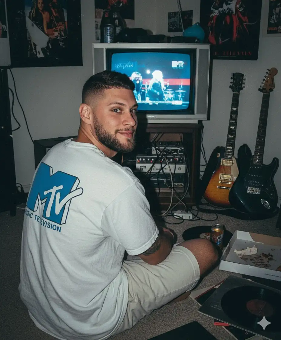 Toma una foto analógica con una estética grunge (personaje), en un dormitorio con un televisor de tubo de los 90 viendo la actuación de una banda de rock
Canal de MTV, en una habitación poco iluminada. Estoy sentado en el suelo, usando una camiseta blanca con (gran logo de MTV), frente a la televisión, mirando hacia atrás y sonríe suave y tranquilo ante la cámara que está tomando la foto, mientras la televisión sigue encendida en el fondo, visible para nosotros. También hay guitarras eléctricas Fotografía usando flash, sin edición. Que mi cara sea 100% real.
