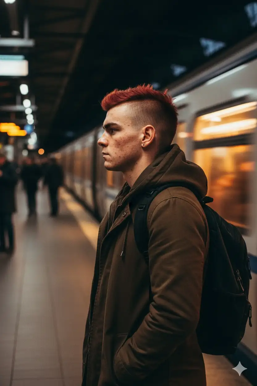 Using this image as reference: generate a hyperrealistic editorial portrait of the same person, preserving facial structure, skin tone, hair texture, and emotional expression with maximum fidelity. Do not remove natural imperfections—freckles, scars, pores, asymmetries, or wrinkles must be preserved to honor the subject’s authenticity and individuality. Hair must retain its natural texture, length, and movement.
The subject is shown in profile, standing calmly on a train platform, wearing a brown hooded coat and carrying a black backpack. He is not facing the camera, but observing the scene ahead. A train speeds past in the background, creating strong motion blur and streaks of light. The warm reflections from the train’s windows illuminate the subject’s face and coat, contrasting with the cooler tones of the platform and blurred commuters.
The composition is vertical (3:4 aspect ratio), medium-full body, slightly off-center. The image should evoke themes of solitude, transition, and quiet resilience—like a cinematic still suspended between movement and reflection.
---
Camera settings:
- Lens: 50mm f/1.8
- ISO: 400
- Aperture: f/2.0
- Shutter speed: 1/60s (to capture motion blur)
- Format: vertical (3:4)
- Lighting: warm ambient (~4200K), directional reflections from train windows
- Color grading: warm oranges and browns vs. cooler grays
- Mood: contemplative, cinematic
- Atmosphere: urban motion, editorial realism
--v 5 --ar 3:4 --style raw --quality 2 --ref_photo