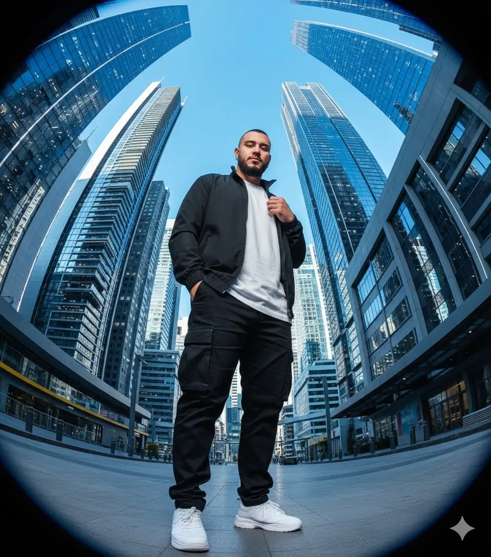 Hyperrealistic photographic portrait of a person in a modern streetwear scene, standing in a futuristic city. Using the reference image as a STRICT source, preserve the EXACT likeness of the person. This includes EXACT facial features, hair, and body proportions. Do not remove natural imperfections—preserve all skin texture, pores, and authentic details.
 The subject wears layered clothing: a white shirt underneath blackjacket with acollar, black cargo pants, and white sneakers. They stand confidently, bending slightly towards the camera from a very low angle (frog perspective) in the middle of a futuristic city with tall glass skyscrapers. Use a fisheye lens effect, making the buildings look dramatically curved towards a clear blue sky without clouds. Daytime natural lighting, sharp contrast, ultra-realistic cinematic photography style, high detail, 8K, street fashion style full pose.
 The subject's appearance must be IDENTICAL to the reference photo. Only the clothing, pose, and setting are suggested by this text.
 cinematic, fisheye lens, low angle, futuristic architecture, streetwear fashion, sharp focus, high contrast, 8k --v 6.0 --style raw --rw 1.5 --ar 9:16