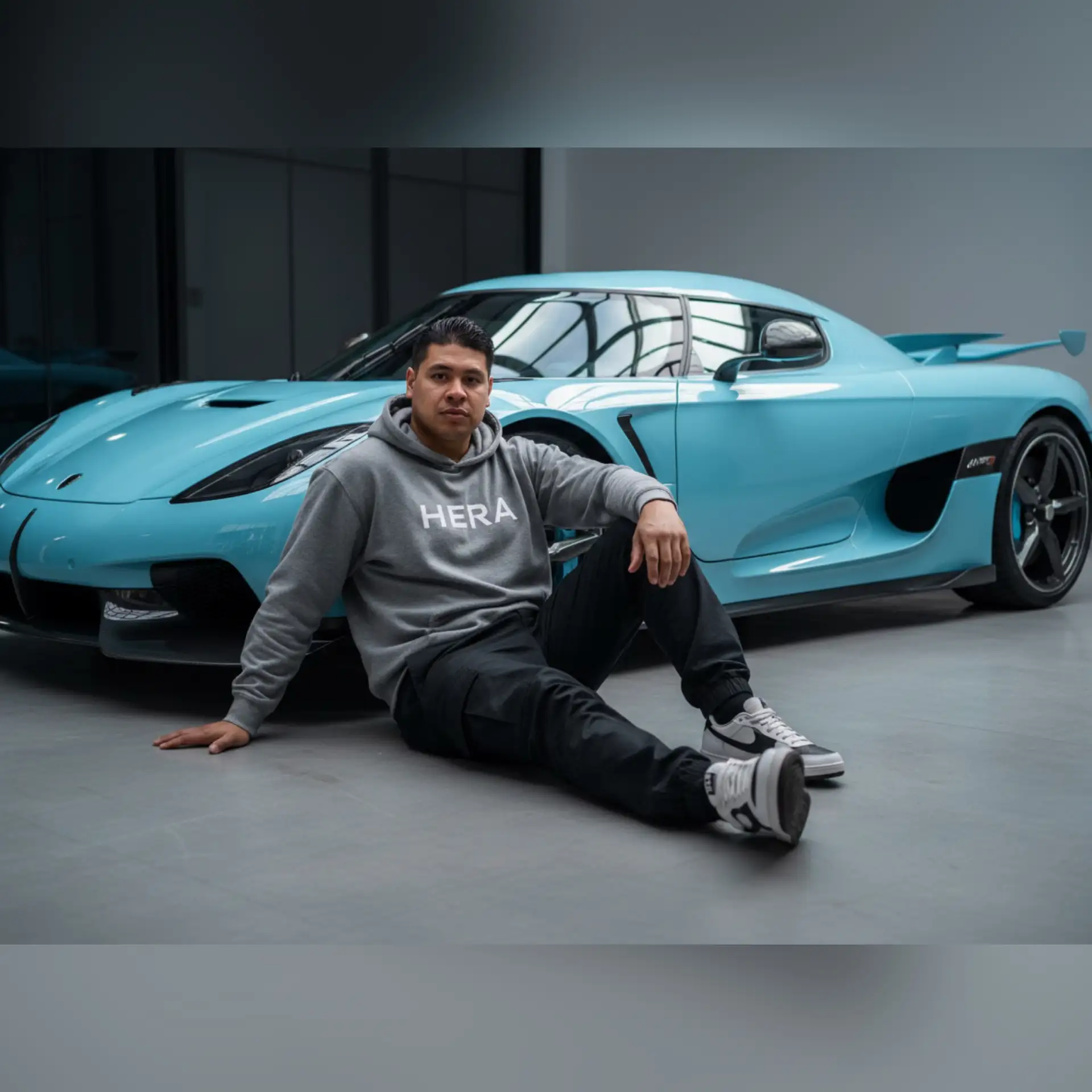 Un joven atlético y fuerte con estilo sentado casualmente en el suelo frente a un elegante coche deportivo koenigsegg jesko  celeste  con pinzas de freno celestes. Lleva una sudadera con capucha gris holgada con la marca 'HERA', pantalones negros de corte relajado y zapatillas blancas y negras. Su pose es relajada, con una mano apoyada en el suelo y la otra en la pierna, exudando un ambiente seguro de ropa de calle. El entorno es un garaje moderno con reflejos brillantes en la superficie del coche, creando una estética lujosa pero urbana. Estilo de fotografía cinematográfica hiperrealista, detalles nítidos, iluminación suave y composición equilibrada. Resolución 4K".
no cambie nada, mantenga la misma forma de ojos, boca, nariz y rostro; no ablande, embellezca ni suavice, y mantenga la expresión facial igual. ¡Por favor!