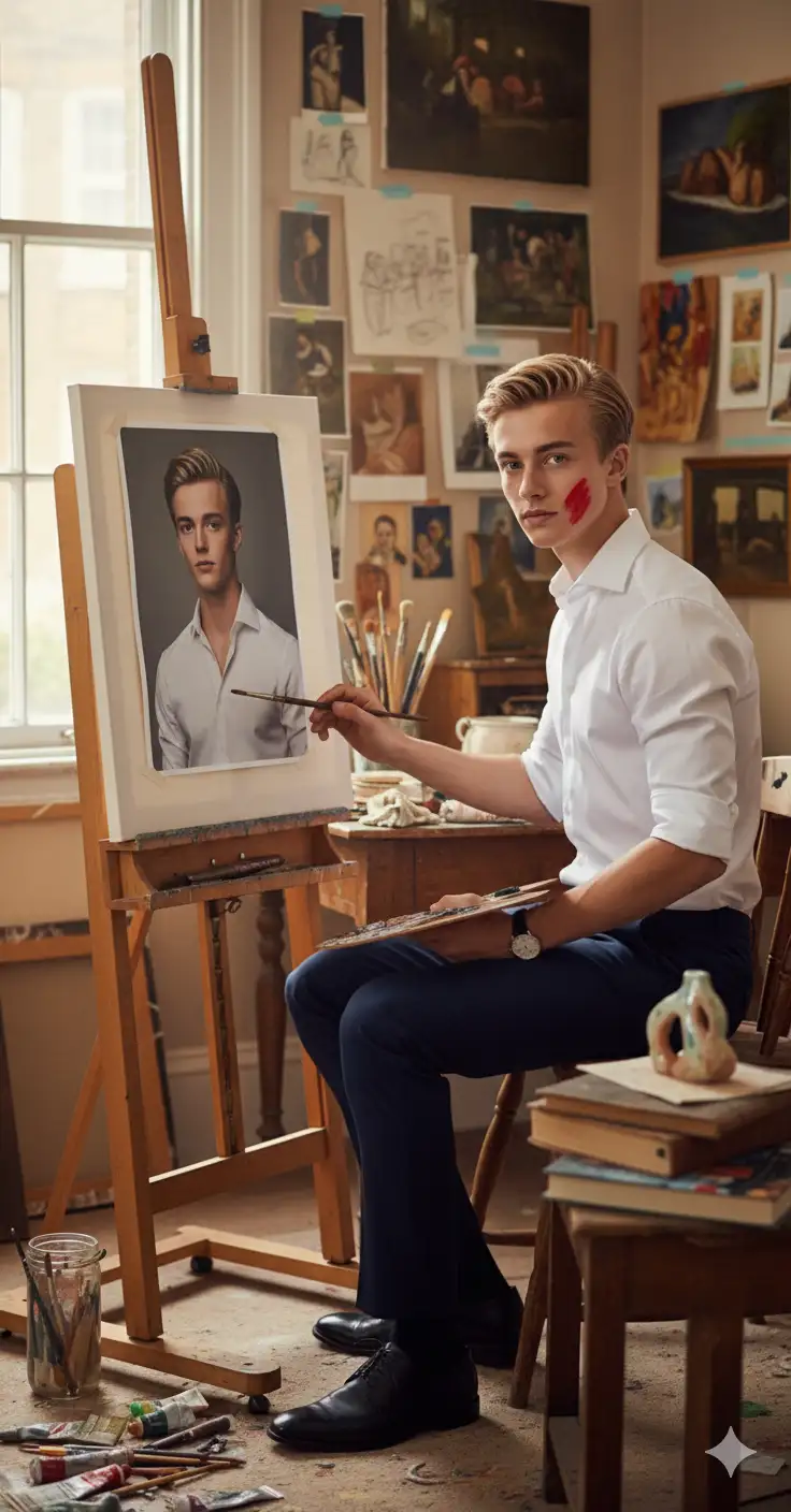 A cinematic wide shot of a man sitting at a desk in a cluttered artist's studio as in the image attached. He is painting a self-portrait on a large canvas on an easel, with an 8x10 photo of himself for reference. He is looking at the camera, with a small splotch of red paint on his cheek. The room has a window to the left, and numerous sketches and paintings are pinned to the wall. There is a small sculpture on the desk to the right. The image has high-quality details, sharp focus, and natural lighting. It is a full shot taken with a professional DSLR camera, a sigma 85mm f/1.4 lens, and shutter speed 1/200. The style is a realistic, warm, and cinematic portrait.