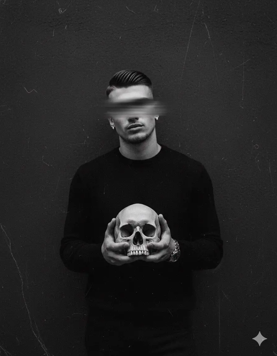 High-contrast monochromatic artistic portrait with a gothic, melancholic theme. Using the reference image as a STRICT source, preserve the EXACT likeness, facial structure, body proportions, and natural hair of the person. The image has a grainy, blurry texture, resembling an old, deteriorated dark studio portrait.
**Close-up shot, framing the person from the waist up.** They stand comfortably leaning back against a dark, textured wall. The head area is blurred by a horizontal motion blur, rendering the face unidentifiable, intensifying the feeling of anonymity and focusing all attention on the symbolic action.
They wear a long-sleeved black sweater with a clean, structured fit. A metallic watch is visible on their wrist. The monochromatic outfit creates a stark, sculptural silhouette.
They hold a human skull with both hands in front of their chest, which is the only razor-sharp and clear element in the entire image, making it the undeniable focal point.
The background is the uniformly dark, textured wall they are leaning on, eliminating all distractions.
Memento Mori, gothic, monochrome, high contrast, grainy, blurry, artistic, dramatic, minimalist fashion, solemnity, close-up, intimate portrait --v 6.0 --style raw
