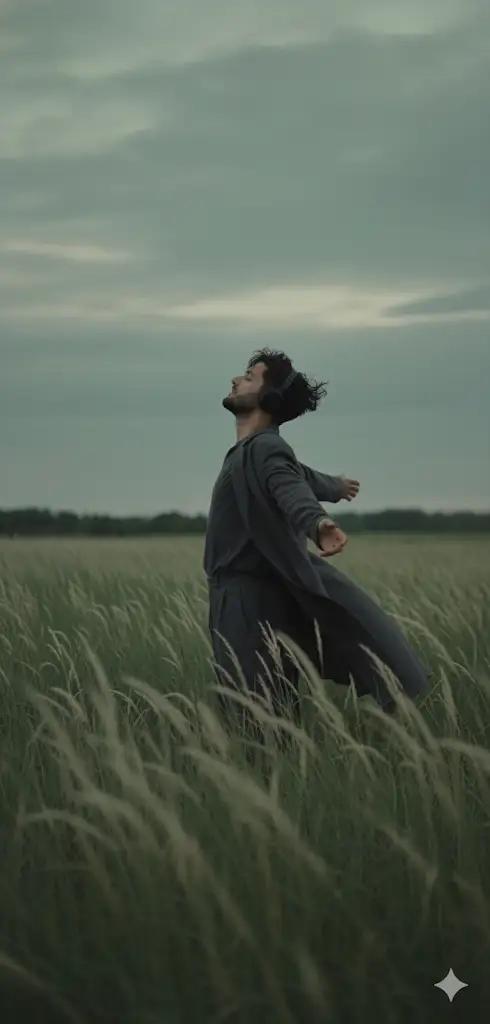 Based on the portrait of my face, create a high-quality vertical cinematic portrait of a young character standing in a vast green meadow at twilight.
The shot should be framed from the character's thighs upward, captured from a low angle at the character's feet looking up toward the sky, emphasizing the openness of the landscape. The surroundings are wide and expansive, with tall pampas grass in the foreground rising higher than the character, softly blurred due to the camera's shallow depth of field.
The character is dressed in dark-colored clothing, creating a subtle sense of elegance and comfort. They wear large headphones and lean slightly backward with arms spread wide, as if embracing the wind. The camera captures them at a 3/4 angle, slightly from behind, evoking a cinematic feeling of solitude and introspection.
Around the character, tall grass sways gently, while the sky behind is covered with soft clouds in muted green and gray tones. The lighting is natural and diffused, casting a moody, melancholic glow over the scene. The focus is shallow, drawing attention to the character's side profile from the low-angle shot. A gentle breeze lifts their hair, enhancing the sense of movement and quiet freedom.
The overall atmosphere is dreamlike, reflective, and poetic, inspired by solitude and emotional release, with soft focus and film-grain texture to evoke a nostalgic cinematic tone.
The entire image should capture the essence of a dusky, overcast afternoon in a meadow - the palette is muted and somber, yet the character appears serene and immersed in the moment, as if letting go of everything. The mood is heavy yet liberating, filled with a quiet beauty born from melancholy and freedom.
