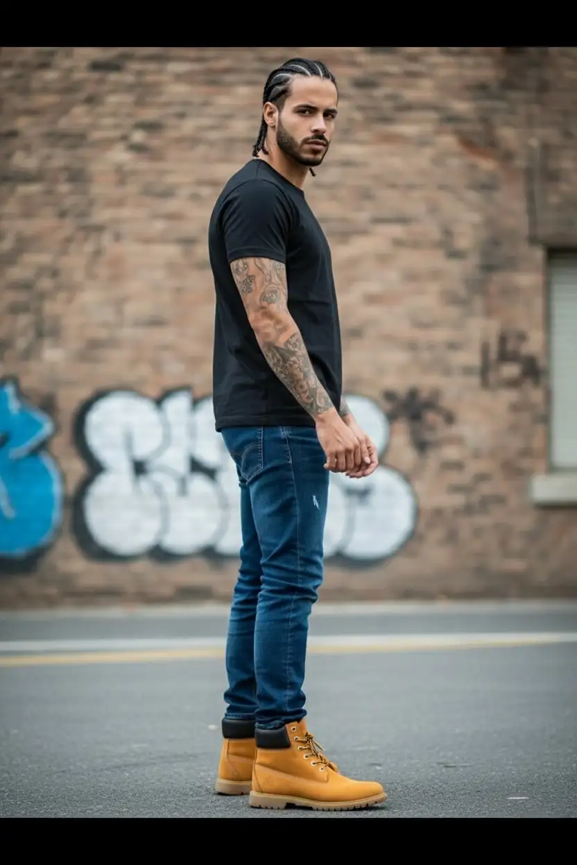 Estilo de Ropa: Urbano/Rudo.
El hombre lleva una camiseta oscura de cuello redondo y pantalones de mezclilla. Su estilo se enfoca en la silueta simple y un look masculino acentuado por su cabello trenzado y barba.
Zapatos Timberland: Un par de botas estilo Timberland clásicas iría perfecto con esta ropa, dándole un toque outdoors al look rudo.