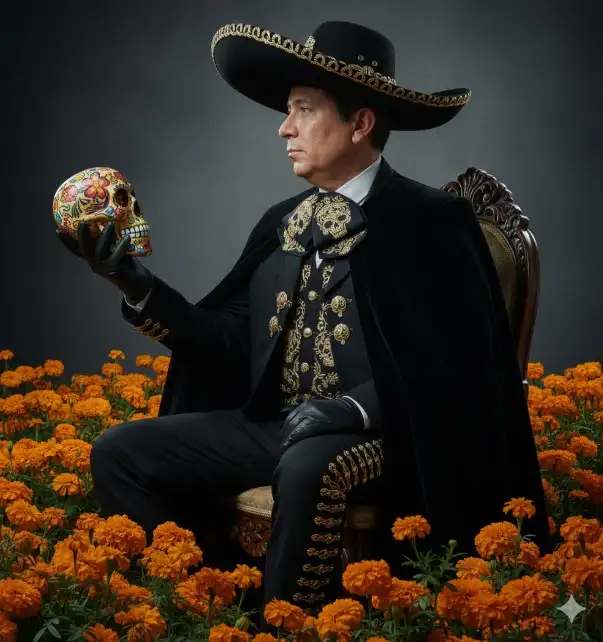 Usa las características faciales de la foto adjunta y Crea una imagen de un retrato de moda elegante, con temática del Día de Muertos y de una sesión fotográfica, de un hombre seguro de sí mismo sentado en medio de un campo de flores de cempasúchil. Tiene la cabeza literalmente girada de perfil. Viste un traje del Día de Muertos y un manto negro que cuelga de sus brazos, un sombrero de charro bordado con hilo de oro y sostiene una calavera de azúcar. Su cabello corto negro intenso y el mira hacia adelante con una mirada elegante, sofisticada y penetrante. La iluminación espectacular proyecta sombras audaces sobre el fondo, creando un elegante estilo editorial.