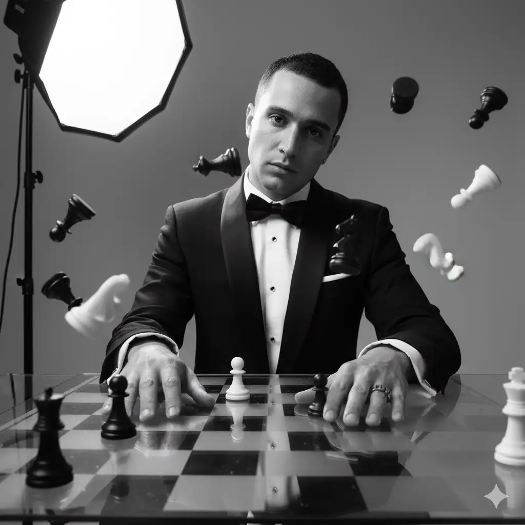 A high-fashion editorial portrait of Subject[person in the image] in a classic black tuxedo with satin peak lapels, crisp white dress shirt, and black bow tie. photographed in dramatic black-and-white with a flash style studio look; worm's-eye, extreme low-angle perspective from under a transparent chessboard so that black and white chess pieces appear suspended mid-air in the extreme foreground, partially out of focus framing Subject's face as they lean forward with poised intensity; seamless medium-gray backdrop: full-frame mirrorless digital camera (e.g., Sony A7R V) with a 35mm prime at f/2.0, 1/1000s, ISO 200, circular polarizer to tame glass reflections and a monochrome film profile (Ilford HPS/Kodak Tri-X emulation) for rich midtones and crisp highlights; lighting: key strobe in a 36" octabox high camera-left, gridded rim light camera-right for edge separation, subtle fill from below via white bounce to lift shadows under the chin, and a low-power background light to create gentle falloff, shallow depth isolating the eyes, with micro-contrast on the suit fabric; composition balances diagonals of floating rooks, knights, bishops, and pawns, with faint reflections on the glass: post: lens correction, subtle dodge/burn on cheekbones and lapels, clarity on textiles, fine grain, and a soft vignette; mood strategic, elegant, and enigmatic; output portrait 3:4, 8K resolution, glossy finish. Key light is a large octabox high camera-left (visible in frame). Subject's hand on the chessboard. DO NOT ALTER FACIAL FEATURES.