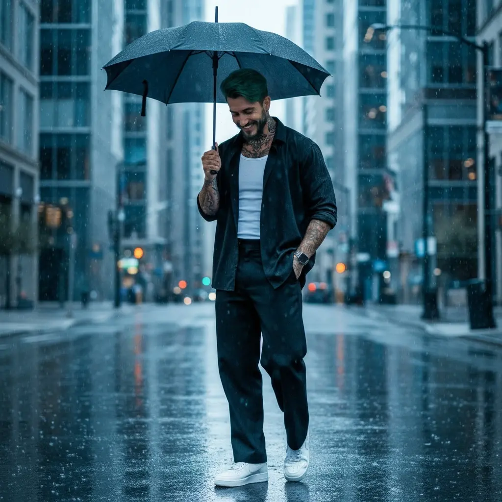 Edita esta imagen para mostrar a un joven elegante de pie, con porte y confianza, en una calle de una ciudad de rascacielos mojada por la lluvia suave. Sostiene con gracia un paraguas negro en su mano derecha, inclinado con elegancia. Su cabeza se inclina ligeramente hacia abajo, mostrando una sonrisa serena y segura.
Viste una camisa holgada de color negro, abotonada y con las mangas enrolladas hasta los antebrazos, sobre una camiseta blanca ajustada. La combina con unos pantalones negros de pierna ancha y unas zapatillas Nike Air Force blancas impecables, que aportan un contraste moderno.
Su mano izquierda descansa en el bolsillo, dejando ver un poco el reloj. Su pierna derecha se adelanta en un paso sutil y elegante, transmitiendo movimiento natural.
La composición cinematográfica muestra una iluminación ambiental fría en tonos azulados que se refleja bellamente en la superficie mojada, con detalles de lluvia y un suave efecto bokeh en el fondo, creando una estética editorial y de moda contemporánea.