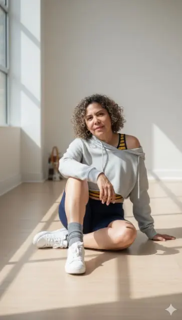 con mi foto Generar imagen, retrato vertical Ultra-HD 8K, fotografía estilo EOS. Mantén el rostro original exactamente igual; no alteres ni mejores ningún rasgo facial.

Un retrato con luz natural suave de una mujer (mantén el rostro, los ojos, la boca y el peinado igual que en la foto; mantén el rostro 100 % igual que en la imagen de referencia) sentada tranquilamente en el suelo en un estudio luminoso y minimalista.
Lleva un top corto a rayas amarillas y negras con una sudadera con capucha gris claro que le cae ligeramente de un hombro, junto con pantalones cortos de ciclismo azul marino, calcetines grises y zapatillas blancas.
Su postura sentada es relajada y cómoda: una rodilla doblada cerca del pecho mientras la otra pierna se extiende ligeramente hacia adelante.

Apoya una mano relajada sobre la rodilla y la otra en el suelo para mantener el equilibrio, mirando suavemente a la cámara con una expresión tranquila y serena.
La luz del sol se cuela por una ventana cercana, creando suaves reflejos en su rostro y sombras suaves en el suelo, aportando calidez y profundidad natural.