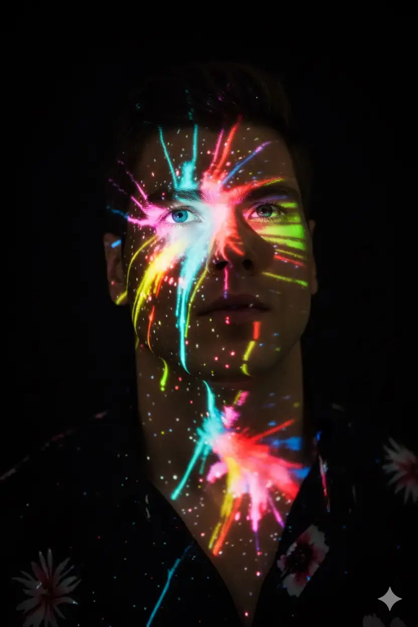 Using this image as a reference: generate a hyperrealistic editorial portrait of the same person, preserving facial structure, skin tone, hair texture, and emotional expression with maximum fidelity. The subject is standing against a deep black background, illuminated by vibrant, multicolored light projections that cover the face and upper torso. The light patterns include dynamic streaks, bursts, and dots in neon tones—pink, cyan, lime green, yellow, red, and electric blue—creating a surreal, energetic atmosphere. The most intense concentration of light is around the eyes, resembling an explosion of color and emotion.
The subject wears a minimalist black sleeve with collar with abstract or flower patterns, subtly visible beneath the projected lights.
On the body: the light reflections are larger and softer, forming diffuse patches and gradients across the neck, shoulders, and chest
Their head is tilted slightly upward, conveying introspection, strength, and poetic tension. The lighting should simulate a real-world projection mapped onto the skin, with realistic shadows, reflections, and color blending. Maintain sharp focus on the eyes and facial features, with cinematic depth of field and soft bokeh in the background.
Style: editorial portrait with surreal and ritualistic undertones.
Camera: full-frame DSLR simulation, 85mm lens, f/1.4 aperture, ISO 100, shutter speed 1/125s.
Lighting: simulated projection mapping with high-contrast multicolor beams.
Color grading: rich, saturated tones with deep blacks and glowing highlights.
Resolution: ultra-high (8K equivalent), suitable for print and exhibition.
Mood: emotionally charged, visually captivating, empowering, and inclusive.
--v 5 --ar 3:4 --style raw --quality 2 --ref_photo