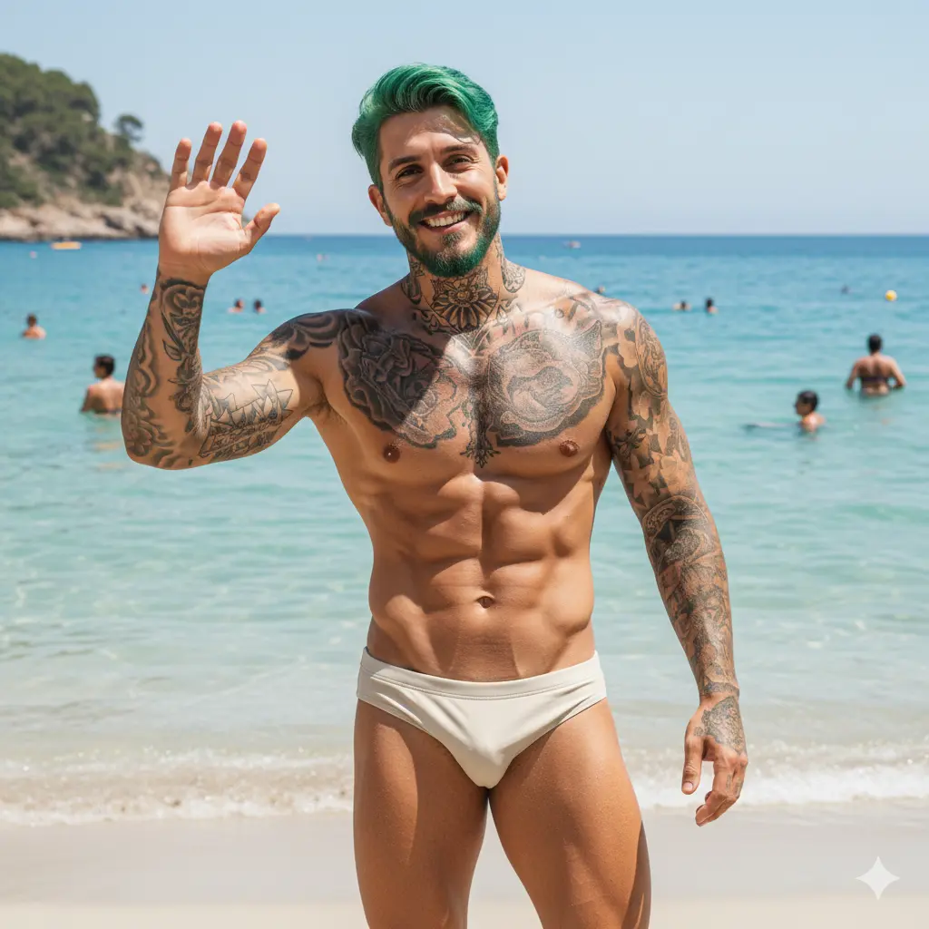 Use my attached reference photo as the base. 
Subject & Body:
- The person must look identical to the reference photo (face, hairstyle, body proportions, skin tone).
- Full tattod body. 
- Fit and muscular, with visible abs, arms, chest, and leg definition.
- Realistic body details: pores, slight pigmentation, veins, natural shadows.
- Skin should appear sunlit with subtle sheen from outdoor light.
Pose & Movement:
- Follow the reference exactly: at Cala Goloritze beach enjoying the relaxed moment.
- The person is smiling and waving.
Wardrobe:
- Match reference precisely: light colors swim briefs.
- Do not add or remove clothing beyond what appears.
Environment & Background:
- Cala Goloritze beach scene with people enyoing the moment.
- Blue-green ocean water in the background with natural reflections.
- Keep perspective from low angle, focused on the person with water clearly visible.
Atmosphere & Lighting:
- Bright daylight, strong but natural sunlight.
- Realistic highlights on muscles from the sun.
- Balanced shadows across the body and beach surface.
Technical Requirements:
- Ultra high resolution, 8K photorealism.
- Camera angle and perspective identical to the reference.
- No AI artifacts, distortion, or extra objects.