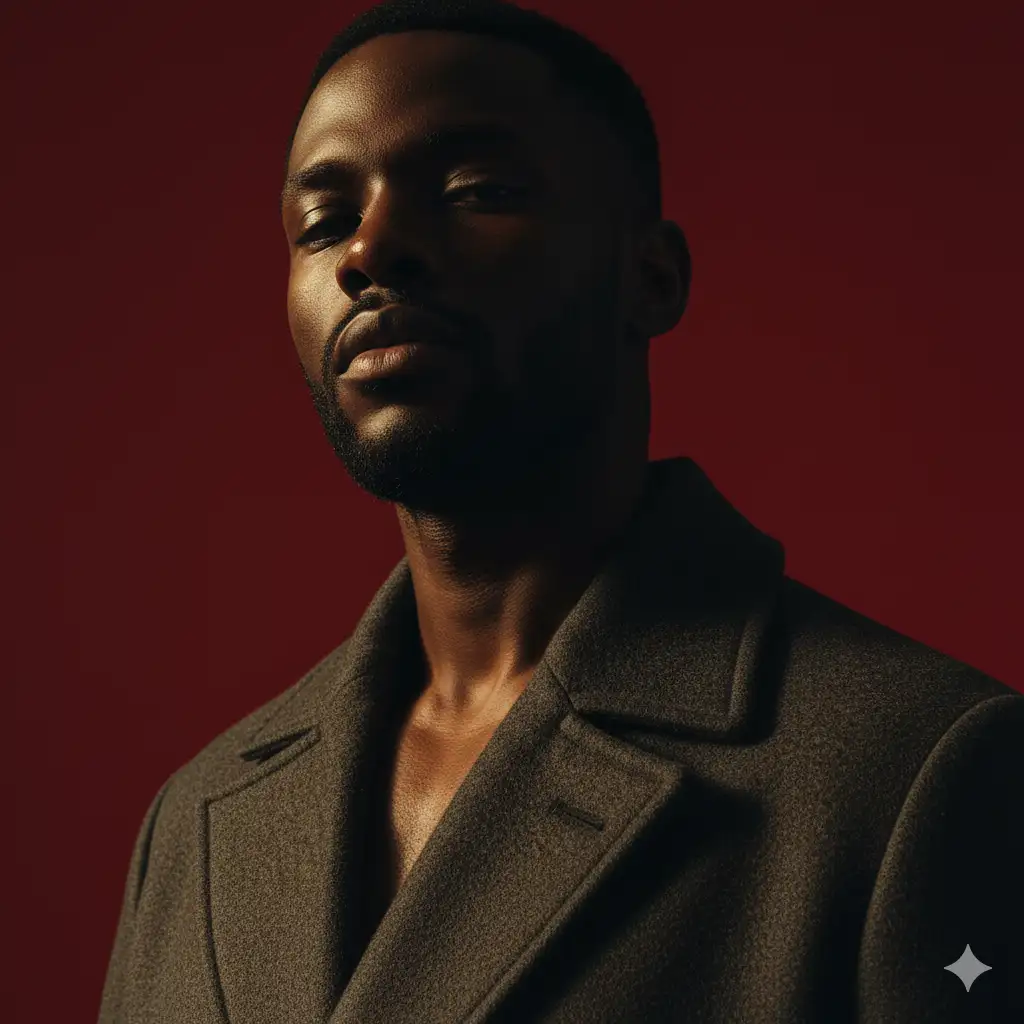 Create a hyperrealistic vertical portrait shot in 1080x1920 format,

characterized by stark cinematic lighting and intense contrast. Captured with a slightly low, upward-facing angle that dramatizes the subject's jawline and neck, the composition evokes quiet dominance and sculptural elegance. The background is a deep, saturated crimson red, creating a bold visual clash with the model's luminous skin and dark wardrobe. Lighting is tightly directional, casting warm golden highlights on one side of the face while plunging the other into velvety shadow, emphasizing bone structure with almost architectural precision.

The subject's expression is unreadable and cool-toned-eyes half-lidded, lips relaxed- suggesting detachment or quiet defiance. The model wears a heavy wool or felt overcoat, its texture richly defined against the skin's smooth, dewy glow. Minimal retouching preserves skin texture and slight imperfections, adding realism. Editorial tension is created through close cropping, tonal control, and the almost oppressive intimacy of the camera's proximity.

There are no props or accessories; the visual impact is created purely through light, shadow, color saturation, and posture - evoking high fashion, contemporary isolation, and hyper-modern masculinity.