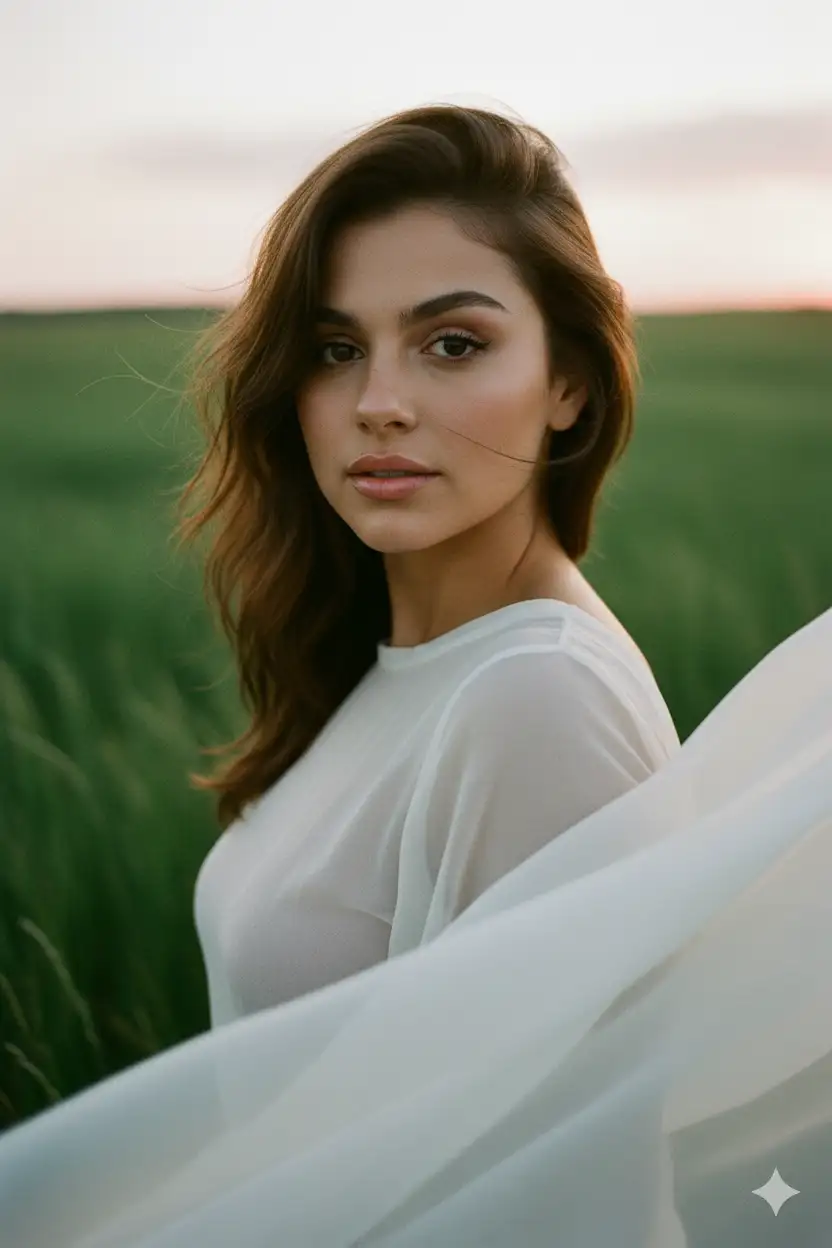 create a high contrast close portrait of my face without changing my facial features, my expression is soft and ethereal, with a direct and intense gaze that engages the viewer. My body facing forward. The lighting is white but soft and highlights my features. My pose is sexy and graceful, with a slight lean of the head and sheer white fabric flowing over my shoulder. Slightly wind tossed hair. Glossy lips. The overall composition is angelic and airy with a windy, lush green prairie in the background at sunset. Dynamic shadows cast on my face, 35mm lens, 4k ultra HD quality, ratio 3:4