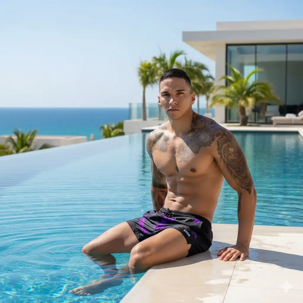 Eres un fotógrafo profesional y realizarás este retrato cinematográfico usando de modelo al sujeto de la foto.
Foto realista, un joven atlético, sentado en el borde de una piscina al aire libre. Lleva bañadores negros con patrones morados , una pierna en el agua, la otra doblada, manos en el borde de la piscina, una toma de alta costura y aspiracional de un joven guapo y atlético. Detrás hay un complejo de lujo junto a la playa, con modernos edificios blancos, cocoteros verdes y en la distancia está el brillante mar azul bajo la luz natural del día. Aire fresco, aireado, estilo cinematográfico, detalles realistas, calidad 8K. Relación de aspecto 9:16