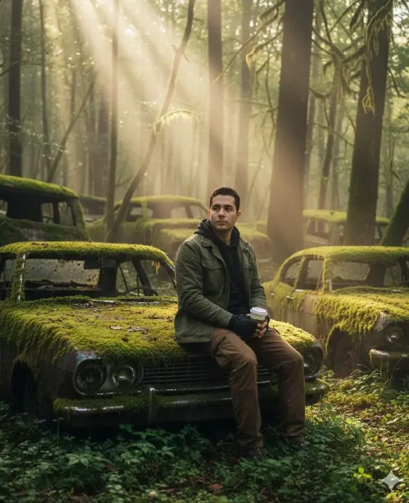 Un hombre, sentado sobre el capó de un viejo coche abandonado en un denso bosque neblinoso, sostiene una taza de café para llevar. La escena es postapocalíptica pero serena, con la luz del sol filtrándose suavemente entre los altos árboles, creando un brillo cálido y cinematográfico. A su alrededor, coches oxidados y cubiertos de musgo, y una vegetación exuberante. El hombre lleva una chaqueta resistente y pantalones cargo, con una mirada contemplativa y fuerte, integrándose a la perfección con el entorno natural. Iluminación cinematográfica fotorrealista de gran detalle, composición vertical de 9:16, texturas ultrarrealistas, profundidad de campo, atmósfera dramática, suaves rayos de sol, detalles intrincados en el musgo, el óxido y el suelo del bosque, relación de aspecto 9:16