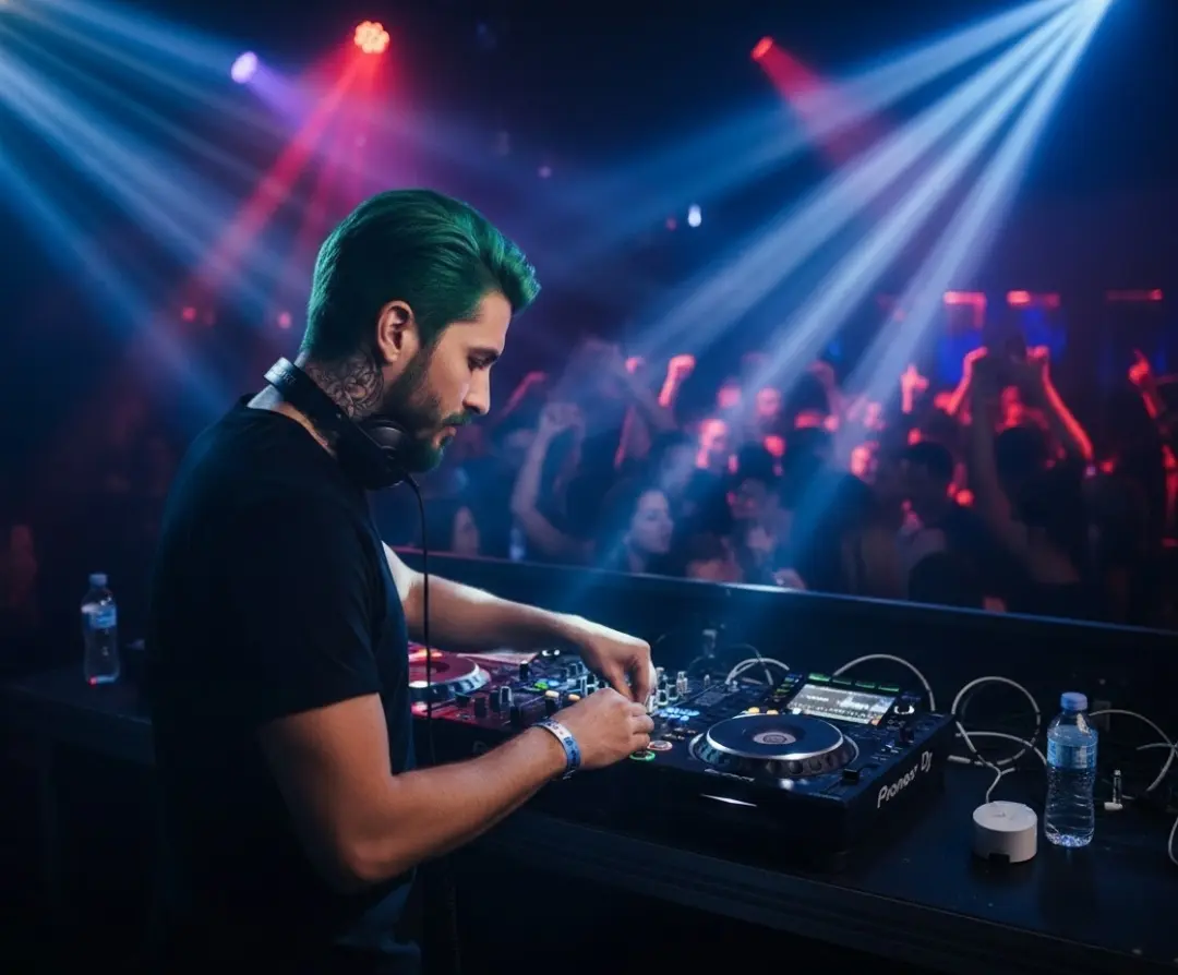 Crea una imagen 8K hiperrealista, la imagen debe presentar a la persona de la foto de referencia adjunta, un DJ masculino concentrado mezclando música en tocadiscos en un club nocturno oscuro y concurrido. Luces de escenario dinámicas y rayos de luz brillan sobre el DJ y la multitud borrosa al fondo, creando un ambiente de fiesta enérgico. El DJ lleva auriculares y una camiseta sencilla, y sus manos están sobre los tocadiscos. La composición es de medio cuerpo, enfocándose en el DJ y su equipo. 
Calidad: Resolución 8K, ultrarrealista, con detalles nítidos en las texturas de la ropa, la piel y el cabello. 
Requisitos técnicos: Resolución ultraalta, fotorrealismo 8K. Sin artefactos ni distorsiones de IA.