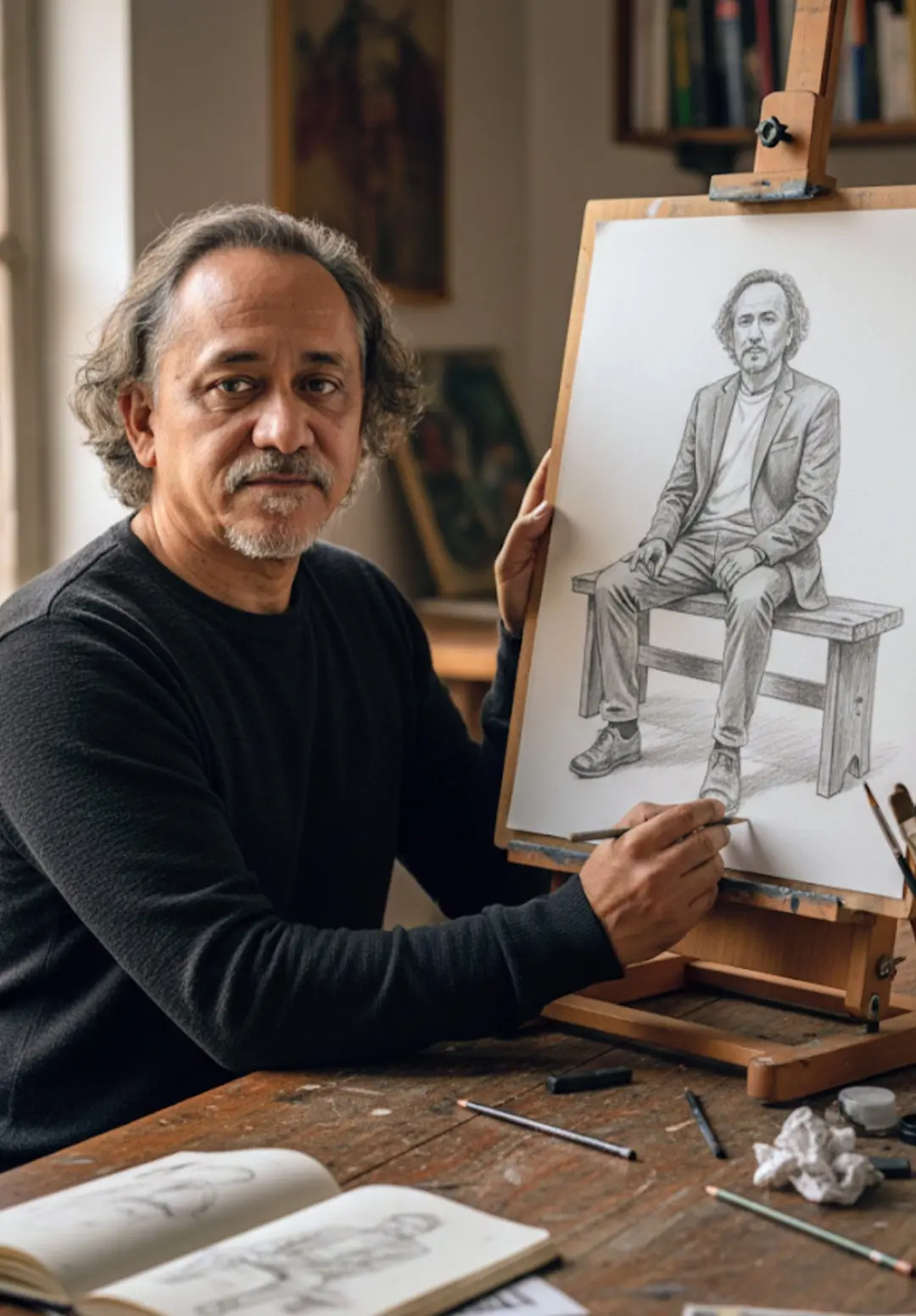 Utilice la imagen enviada como referencia obligatoria. Preservar el 100% de la apariencia de la persona: cara, cabello, ojos, boca, nariz y proporciones faciales inalteradas.
Mejore todo lo que pueda: calidad general, nitidez, textura de la piel, brillo, profundidad, contraste, colores vivos y realismo extremo.
Cree la siguiente escena:
Paisaje / Composición:
Una persona real (la misma que en la foto enviada) está sentada en la mesa de un artista, en una postura segura y enfocada, cuerpo erguido y expresión tranquila, trabajando en un marco que descansa sobre la mesa. Arte de interacción con:
En el lienzo, representa un dibujo en blanco y negro hecho en retratar a la misma persona, en una postura de cuerpo completo, sentado en un banco simple. El dibujo en el lienzo debe verse completamente manual, con: Trazos de grafito texturizado,
Suave, Pliegues detallados del traje, Textura natural del cabello, Auténtico acabado artístico.
Contraste estético opcional:
La persona real debe parecer hiperrealista y animada, mientras que la figura del lienzo debe tener una apariencia claramente ilustrada en grafito, con un marcado contraste visual entre la realidad y el dibujo.
Estándares técnicos:
lluminación realista, colores ricos y vivos.
Texturas mejoradas en todos los elementos (piel, mesa, materiales artísticos). Máximo realismo fotográfico.